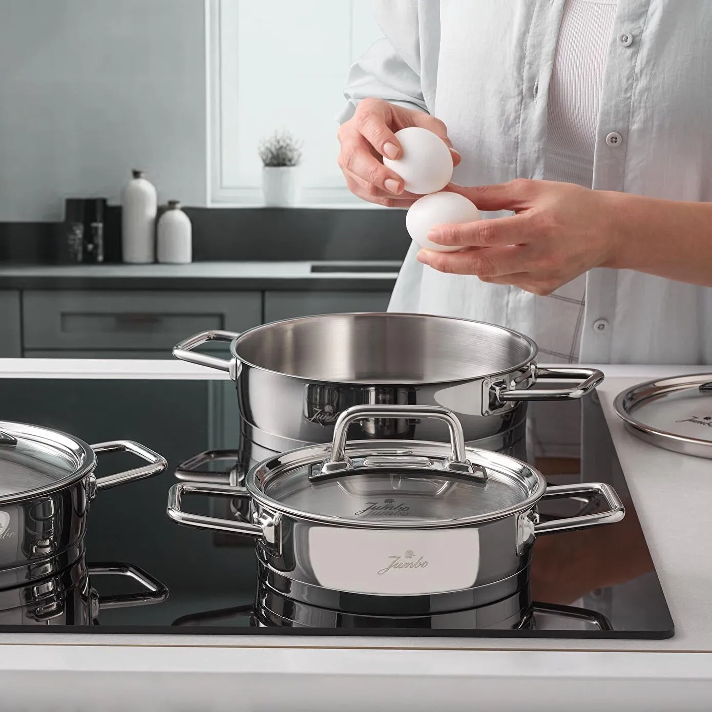Jumbo Assos 6-Piece Stainless Steel Induction Cookware Set, Midi, Silver - Image 2