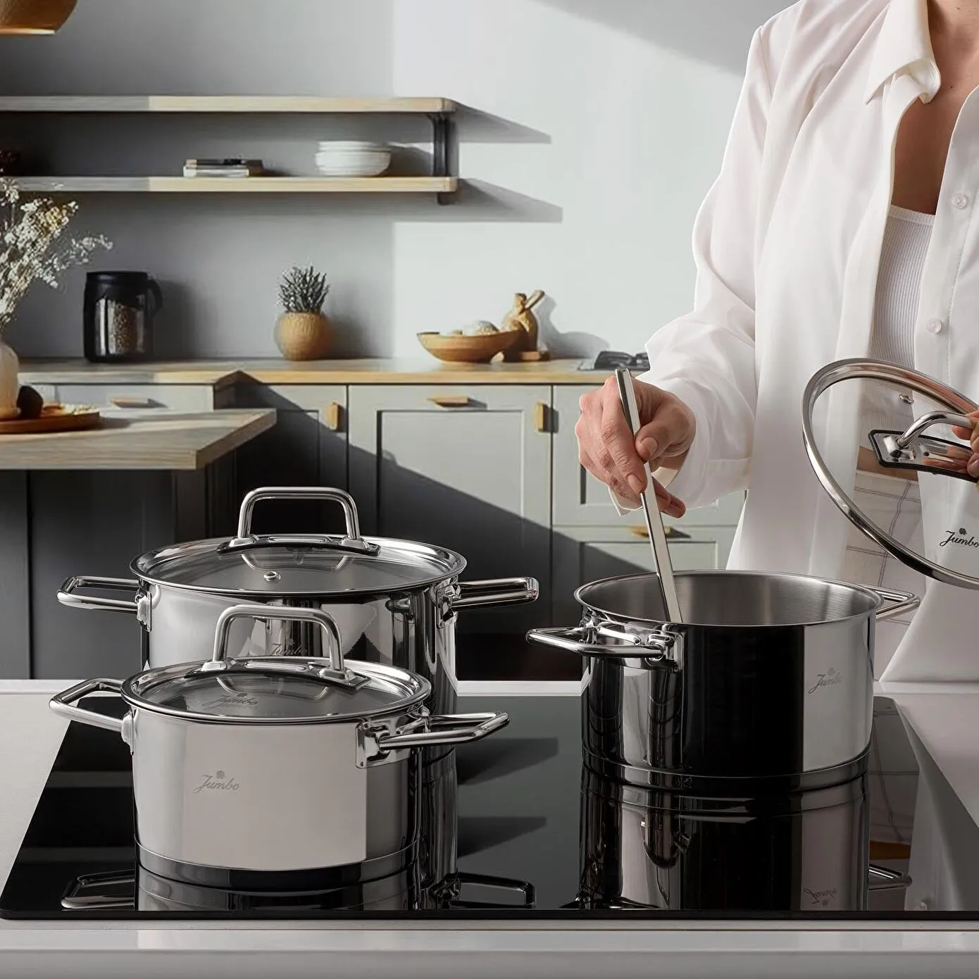 Jumbo Assos 6-Piece Stainless Steel Induction Cookware Set, Midi, Silver - Image 2