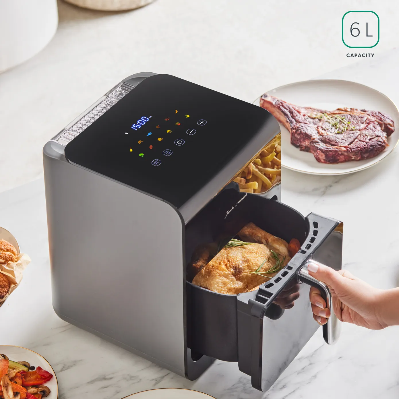 Homend Airfryday 2507UK with Steam Function 12 Different Programmes Touch Screen 6L Air Fryer, Black Grey - Image 3