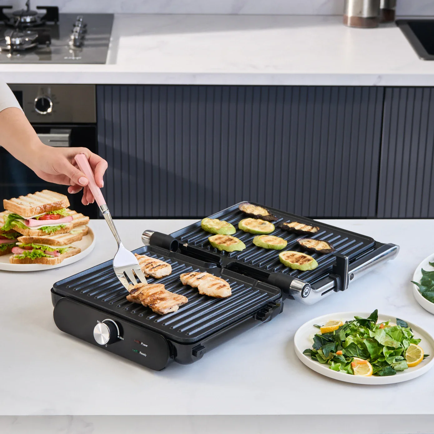 Homend Grilliant 1366UK 2-in-1 Electric Grill & Sandwich Maker 2000 W Compact Contact Grill | 180° Open BBQ Surface, 2000W, Inox - Image 6