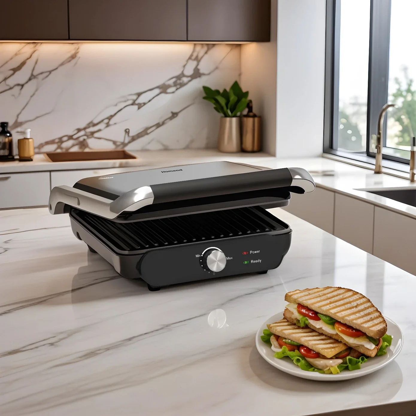 Homend Grilliant 1366UK 2-in-1 Electric Grill & Sandwich Maker 2000 W Compact Contact Grill | 180° Open BBQ Surface, 2000W, Inox - Image 8