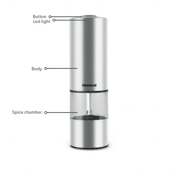 Homend Grindgo 6004UK Electric Salt and Pepper Grinder, Rechargeable with LED Light and Adjustable Grind Seasoning Mill, Inox - Image 2