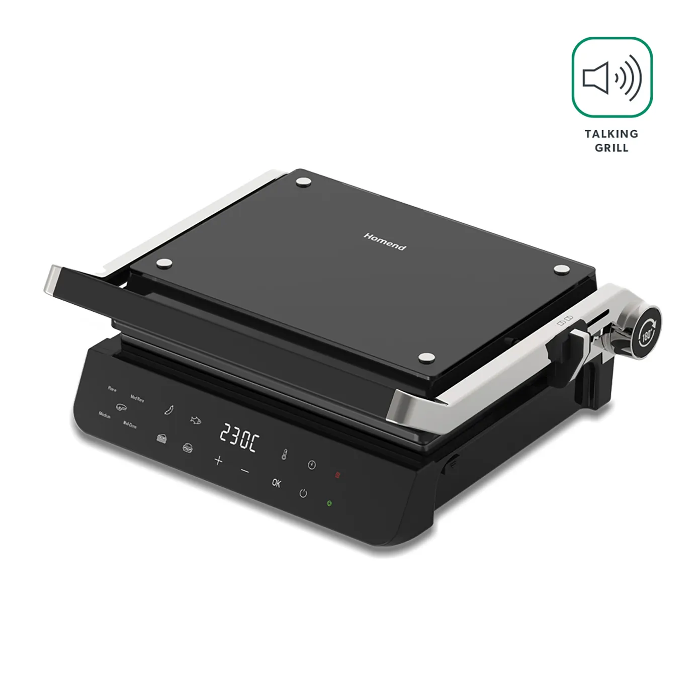 Homend Grilliant 1343UK Glass Surface, 5 Pre-Programmed, Detachable Cast Aluminium Plate, Led Display Talking Grill, Sandwich Toaster, 2000W