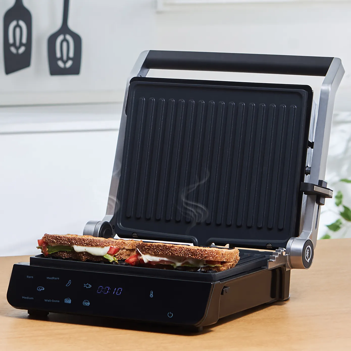 Homend Grilliant 1343UK Glass Surface, 5 Pre-Programmed, Detachable Cast Aluminium Plate, Led Display Talking Grill, Sandwich Toaster, 2000W - Image 3