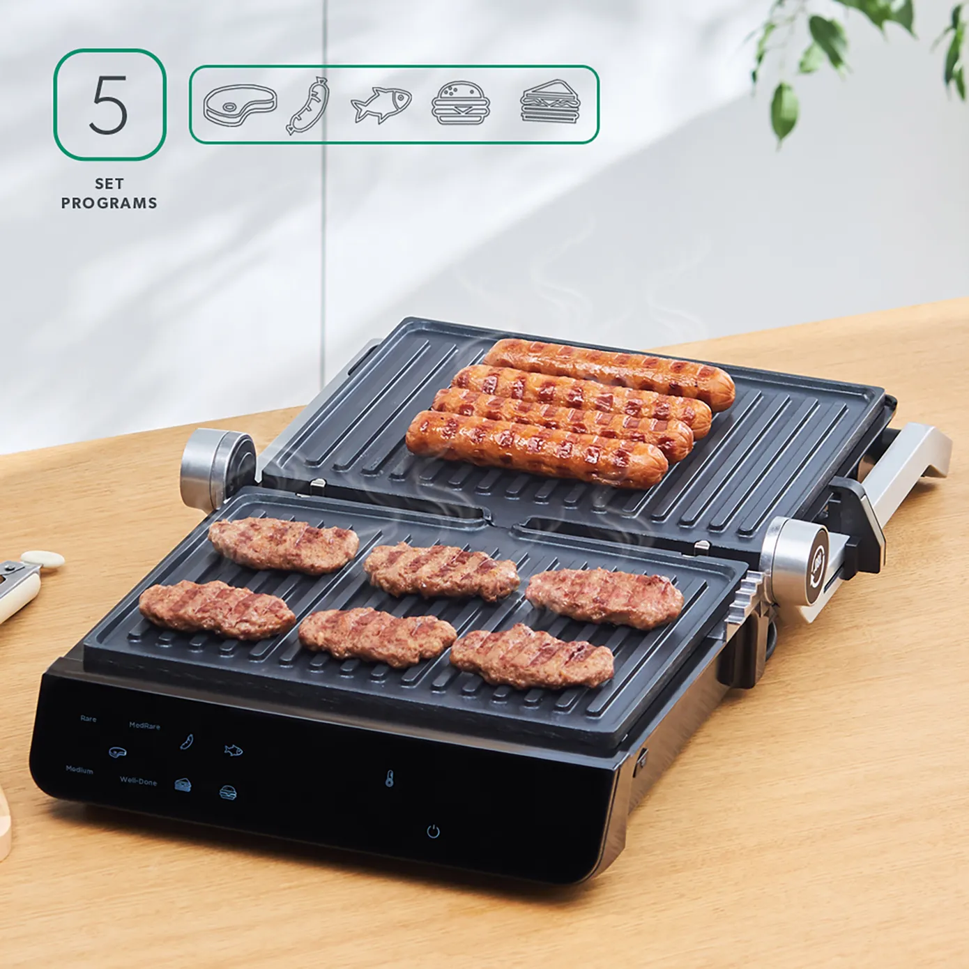 Homend Grilliant 1343UK Glass Surface, 5 Pre-Programmed, Detachable Cast Aluminium Plate, Led Display Talking Grill, Sandwich Toaster, 2000W - Image 4