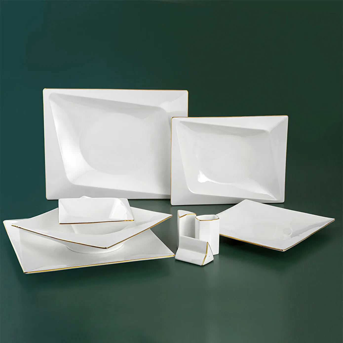 Jumbo Bone China Fold 58-Piece Dinner Set for 12 People, Gold - Image 22