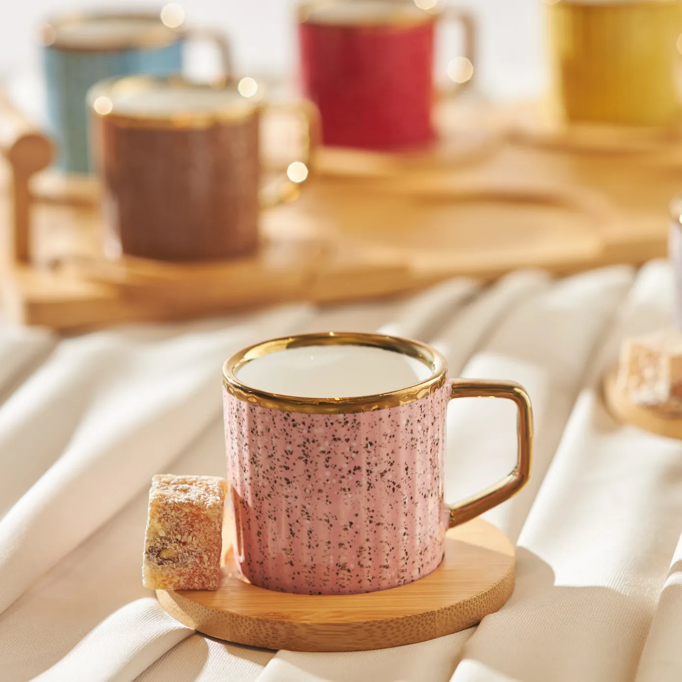 Karaca 12-Piece Bone China Espresso Turkish Coffee Cup Set with Bamboo Tray for 6 People, 90ml, Gold Multi - Image 3
