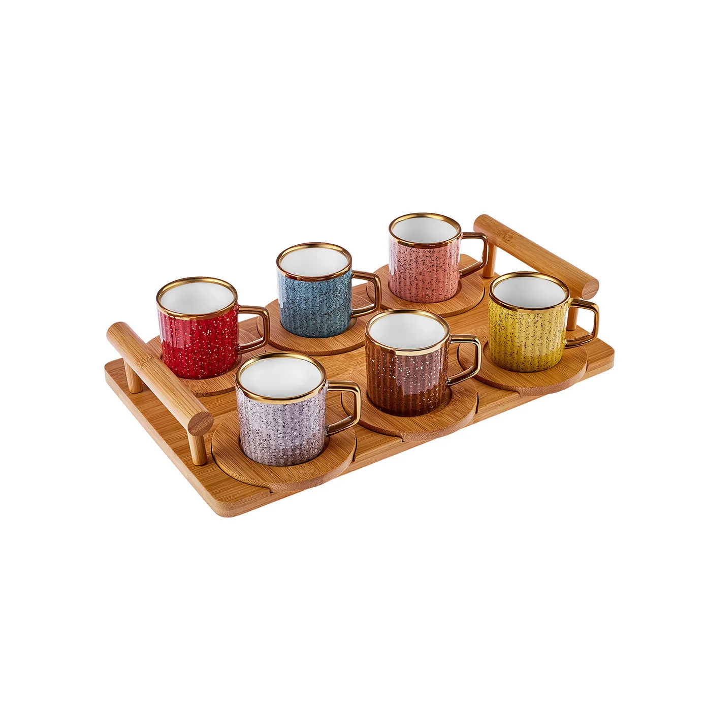 Karaca 12-Piece Bone China Espresso Turkish Coffee Cup Set with Bamboo Tray for 6 People, 90ml, Gold Multi - Image 5