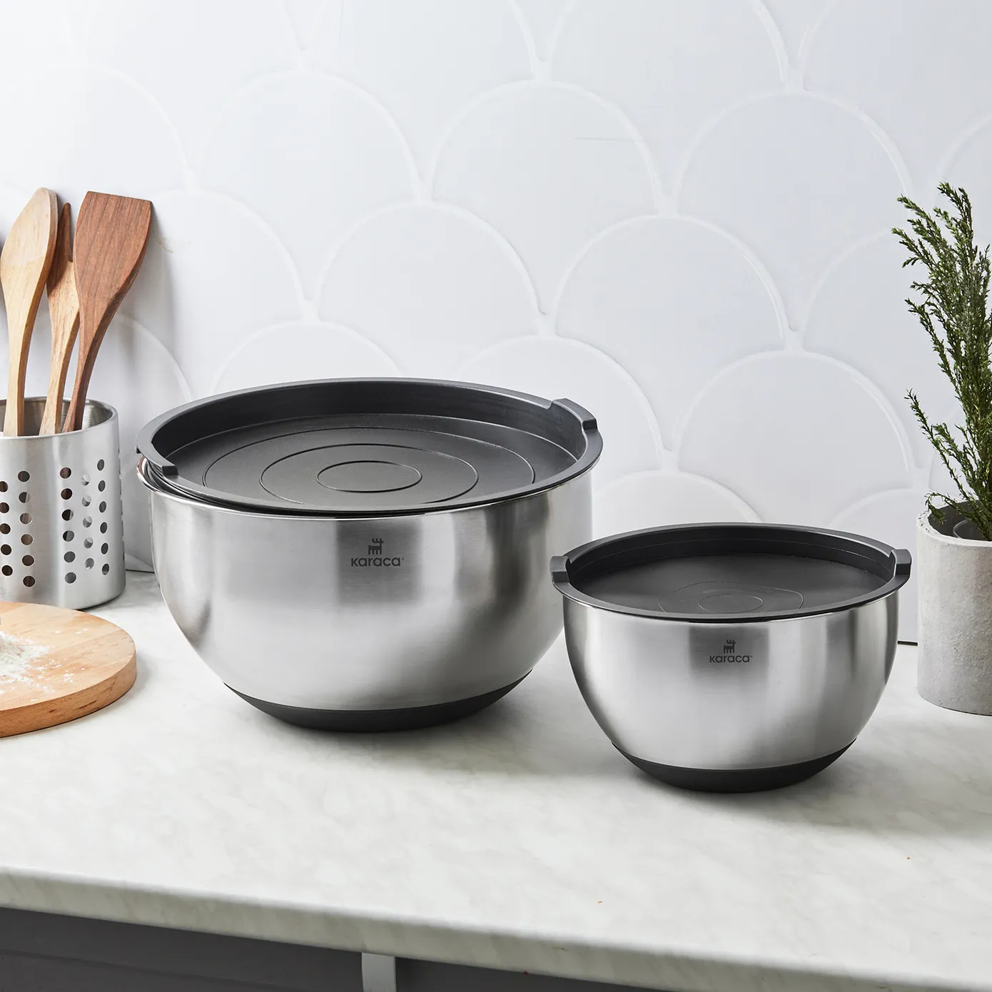 Karaca 2 Piece Stainless Steel Mixing Bowl Set with Lid, Silver Black - Image 3