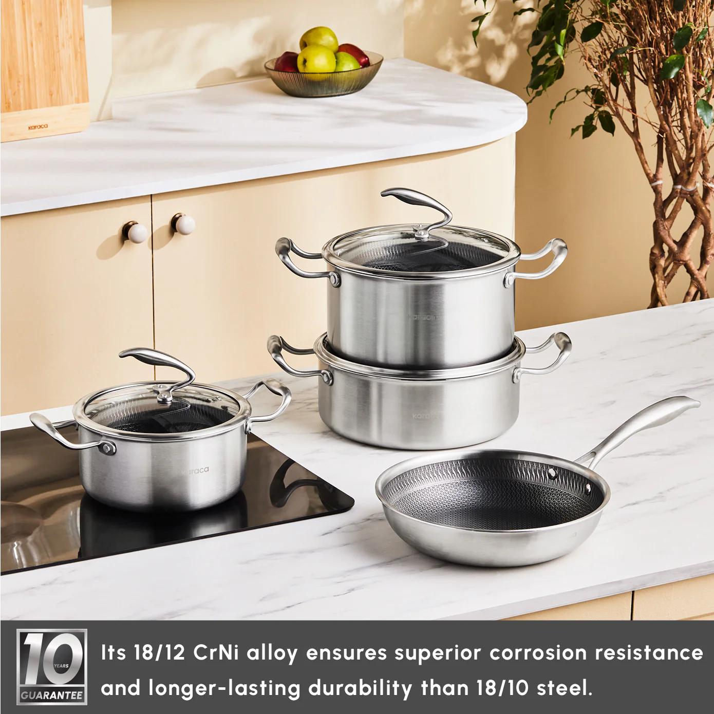 Karaca 5Ply PowerSteel 7-Piece 316+ Stainless Steel Induction Cookware Set, Silver - Image 4