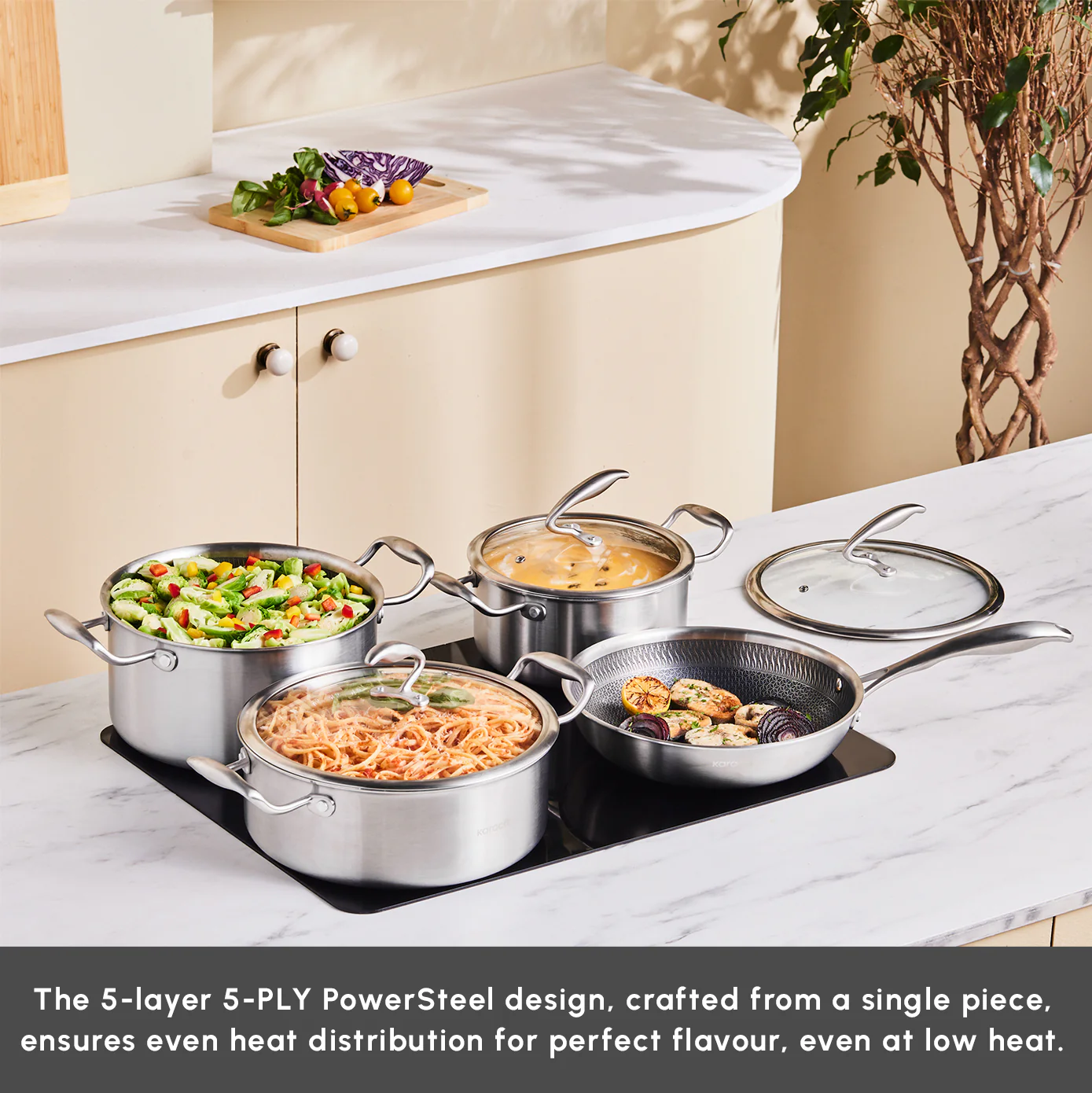 Karaca 5Ply PowerSteel 7-Piece 316+ Stainless Steel Induction Cookware Set, Silver - Image 5