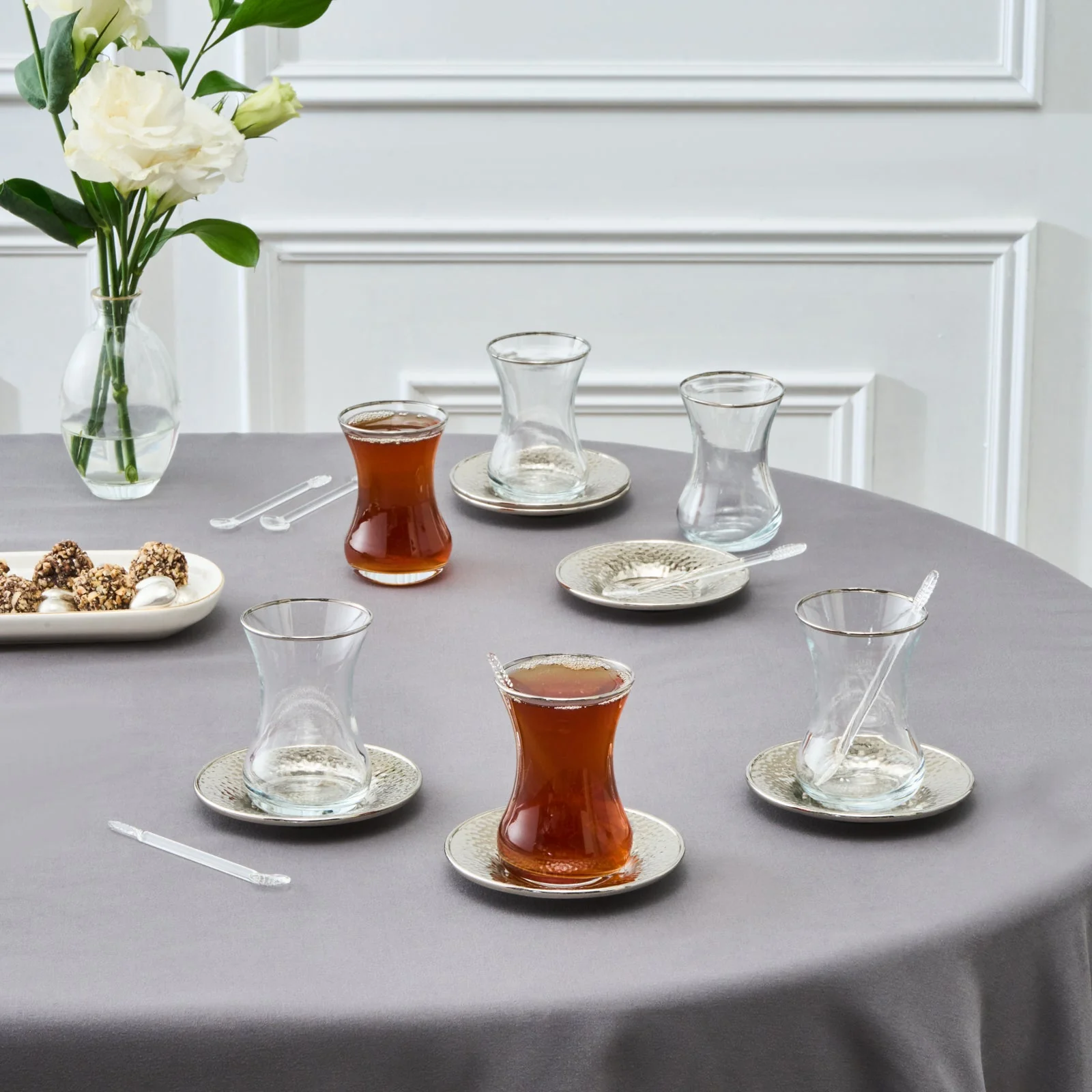 Karaca Ada 18-Piece Turkish Tea Set for 6 People, 130ml, Platin