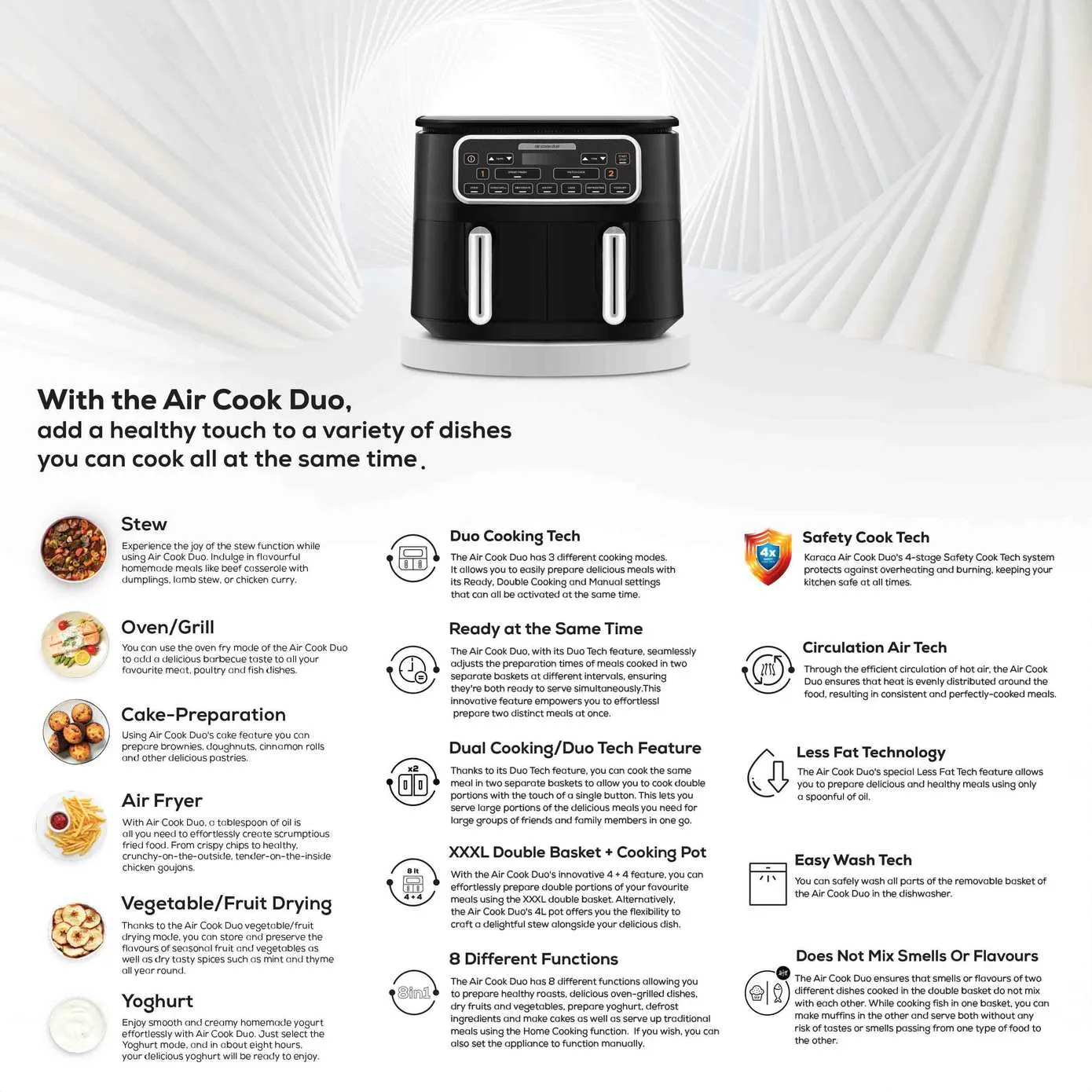 Karaca Air Cook Duo 2-in-1 Air Fryer with Stew Function, 8L, 2500W, Black Chrome - Image 11
