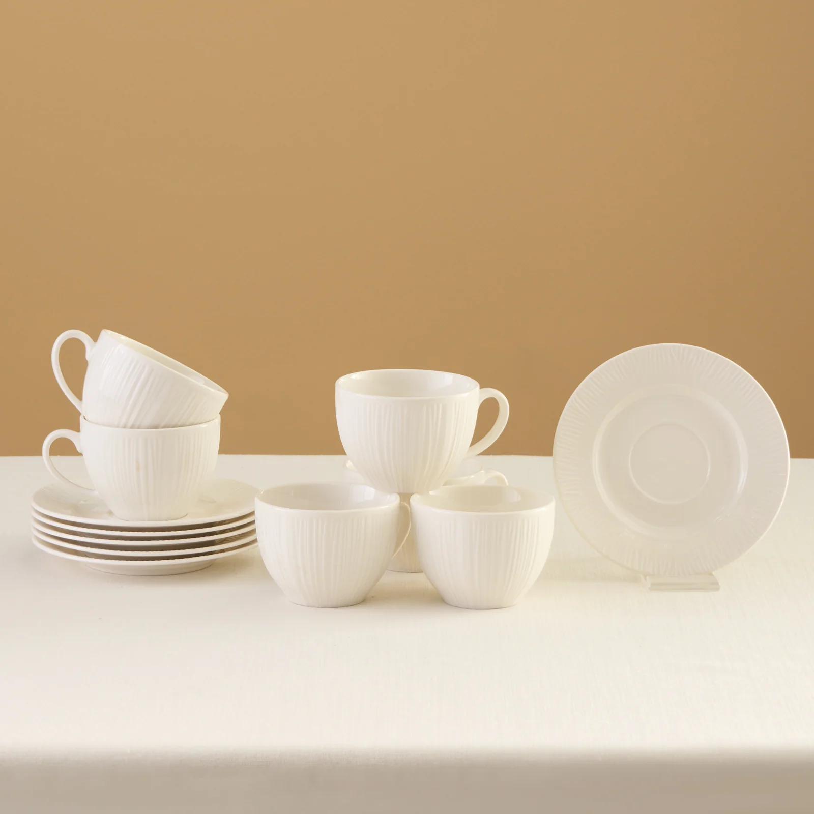 Karaca Anna Embossed 12-Piece Bone China Tea Cup and Saucer Set for 6 People, 220ml, White