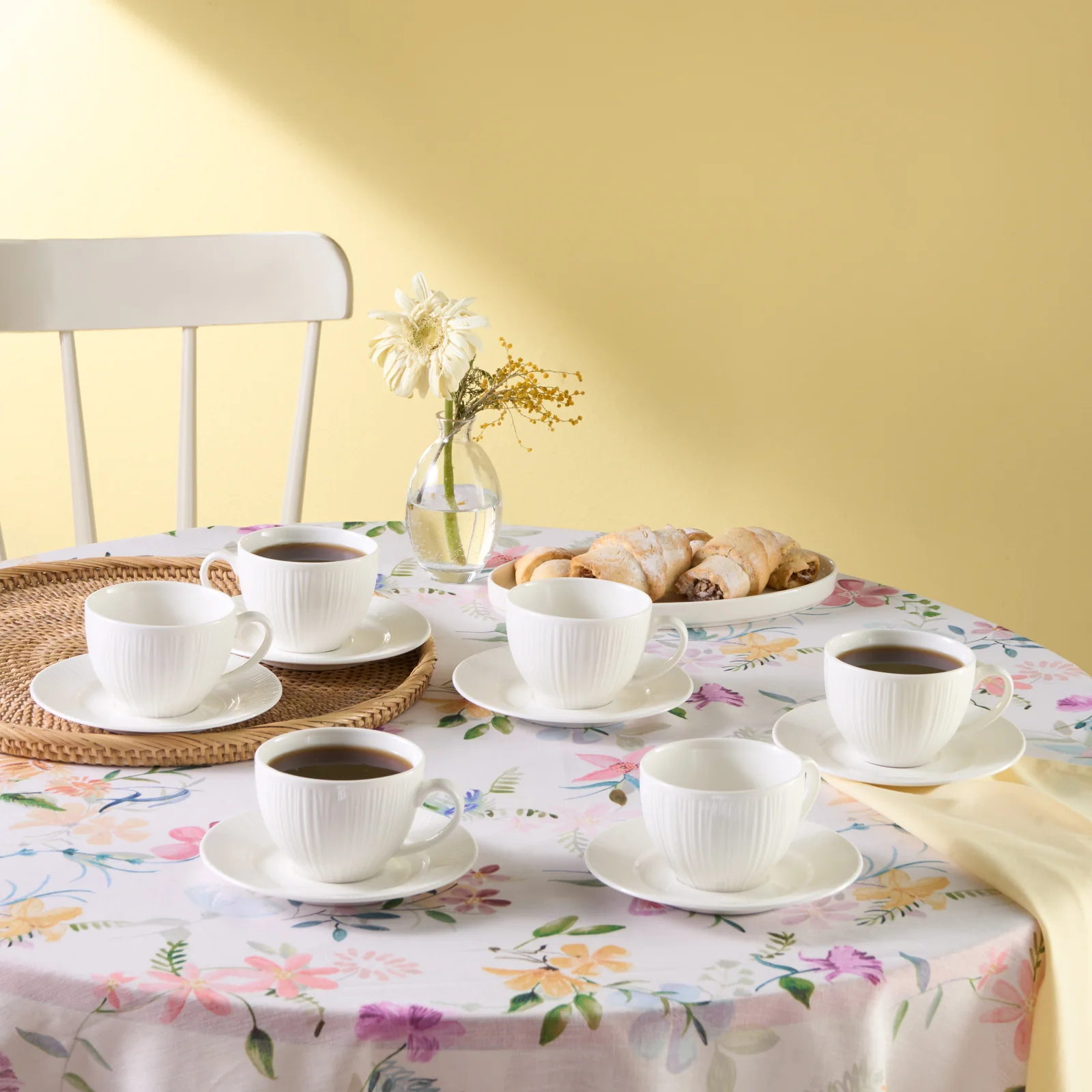 Karaca Anna Embossed 12-Piece Bone China Tea Cup and Saucer Set for 6 People, 220ml, White - Image 2