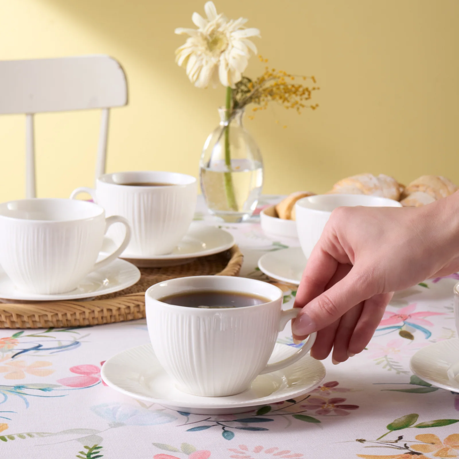 Karaca Anna Embossed 12-Piece Bone China Tea Cup and Saucer Set for 6 People, 220ml, White - Image 3