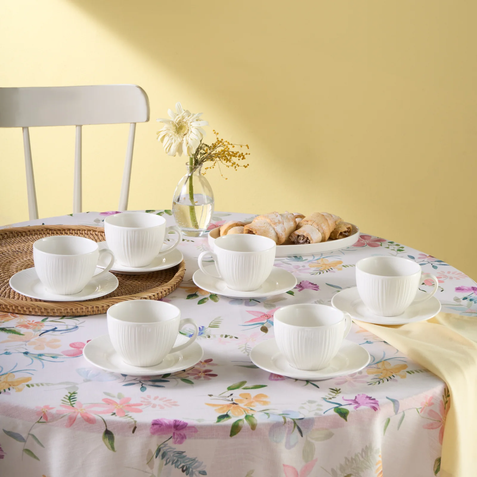 Karaca Anna Embossed 12-Piece Bone China Tea Cup and Saucer Set for 6 People, 220ml, White - Image 4