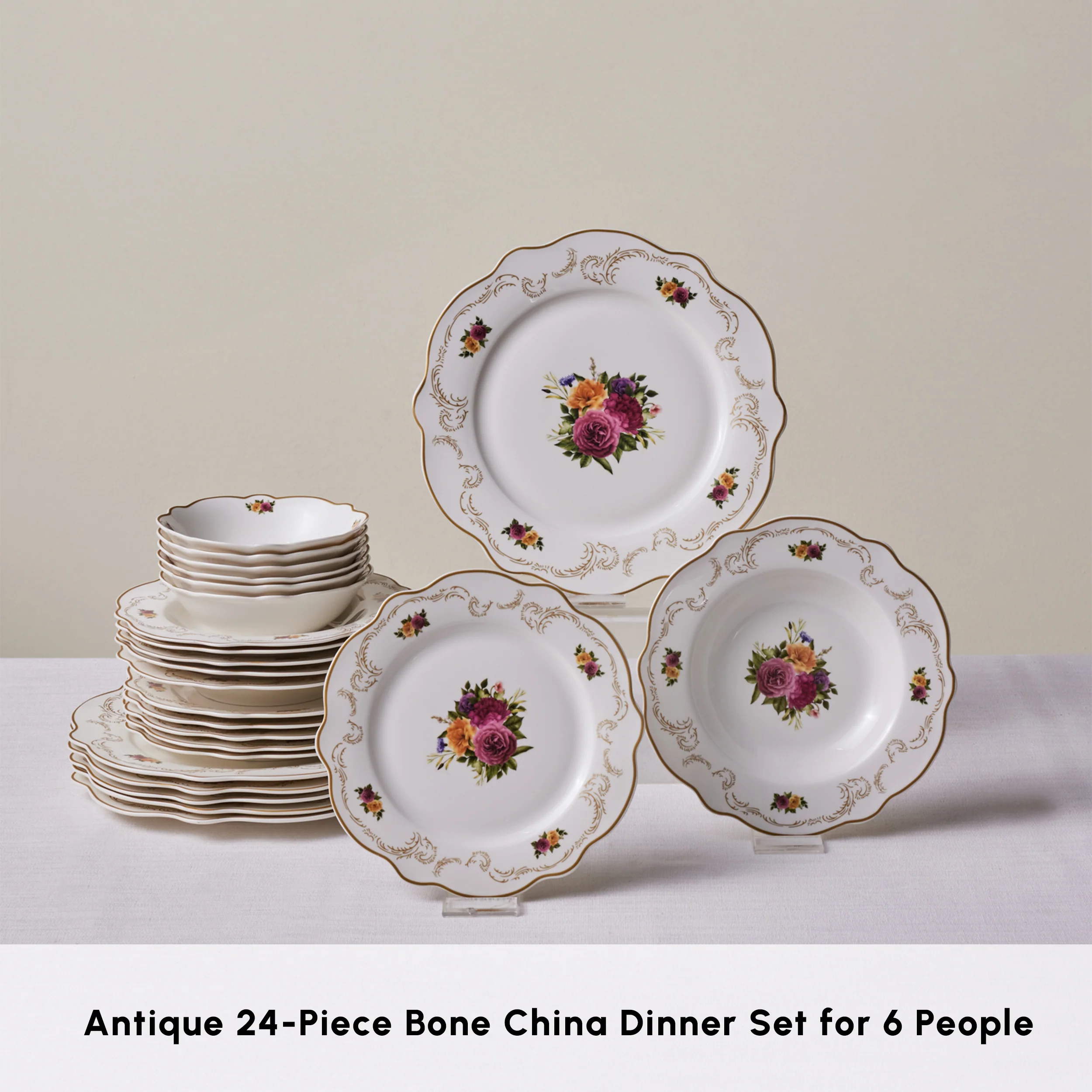 Karaca Forever Bone China Antique 24-Piece Dinner Set for 6 People, Multi - Image 3