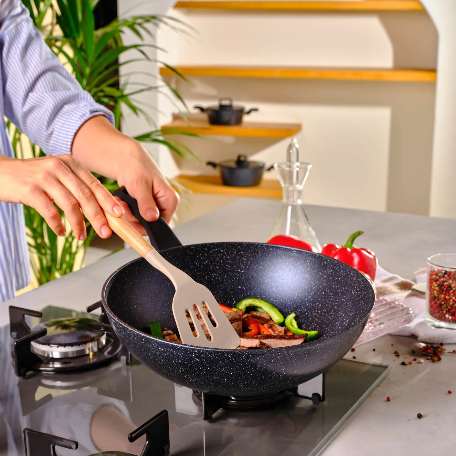 Karaca Aqua Granite Non-Stick Induction Wok Pan, 28cm, Blue - Image 2