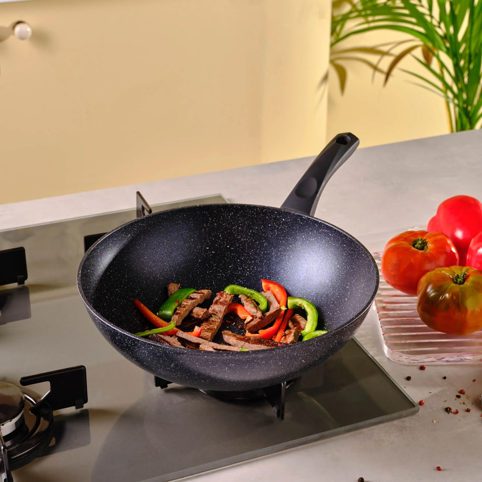 Karaca Aqua Granite Non-Stick Induction Wok Pan, 28cm, Blue - Image 3