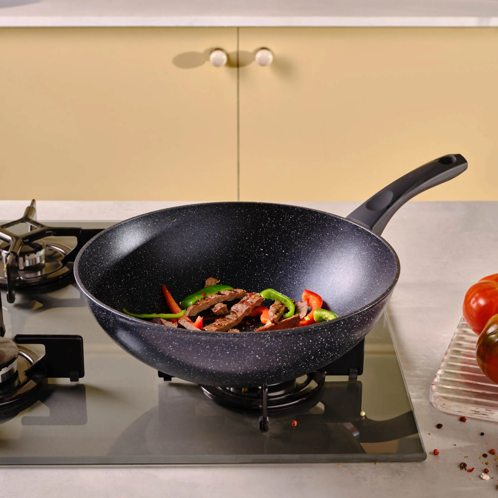 Karaca Aqua Granite Non-Stick Induction Wok Pan, 28cm, Blue - Image 4