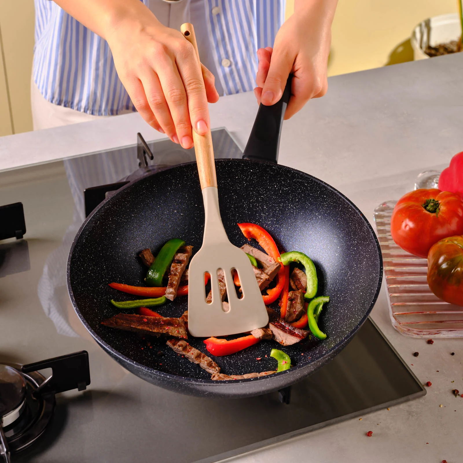Karaca Aqua Granite Non-Stick Induction Wok Pan, 28cm, Blue - Image 6