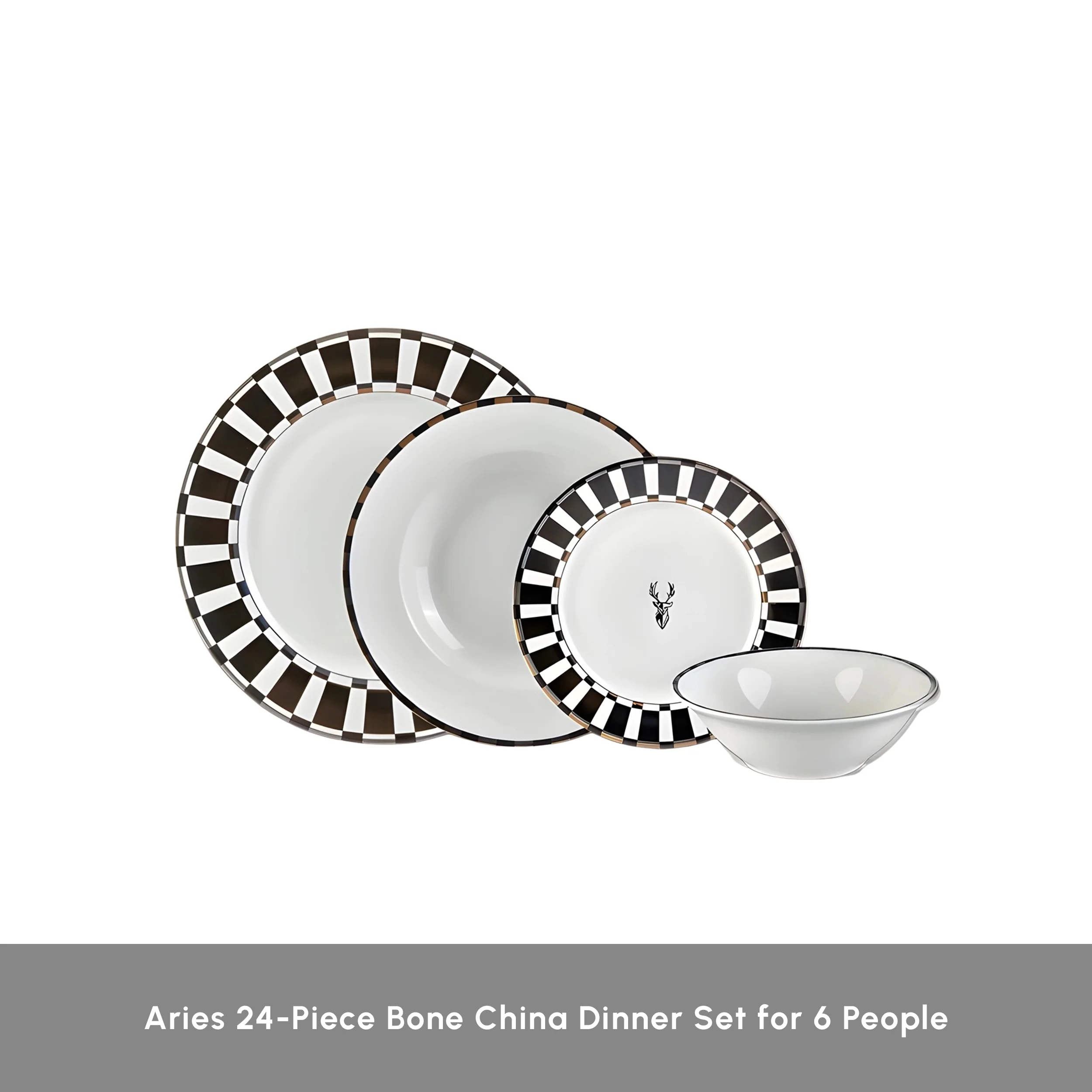 Karaca Aries 24-Piece Bone China Dinner Set for 6 People, Black White - Image 2
