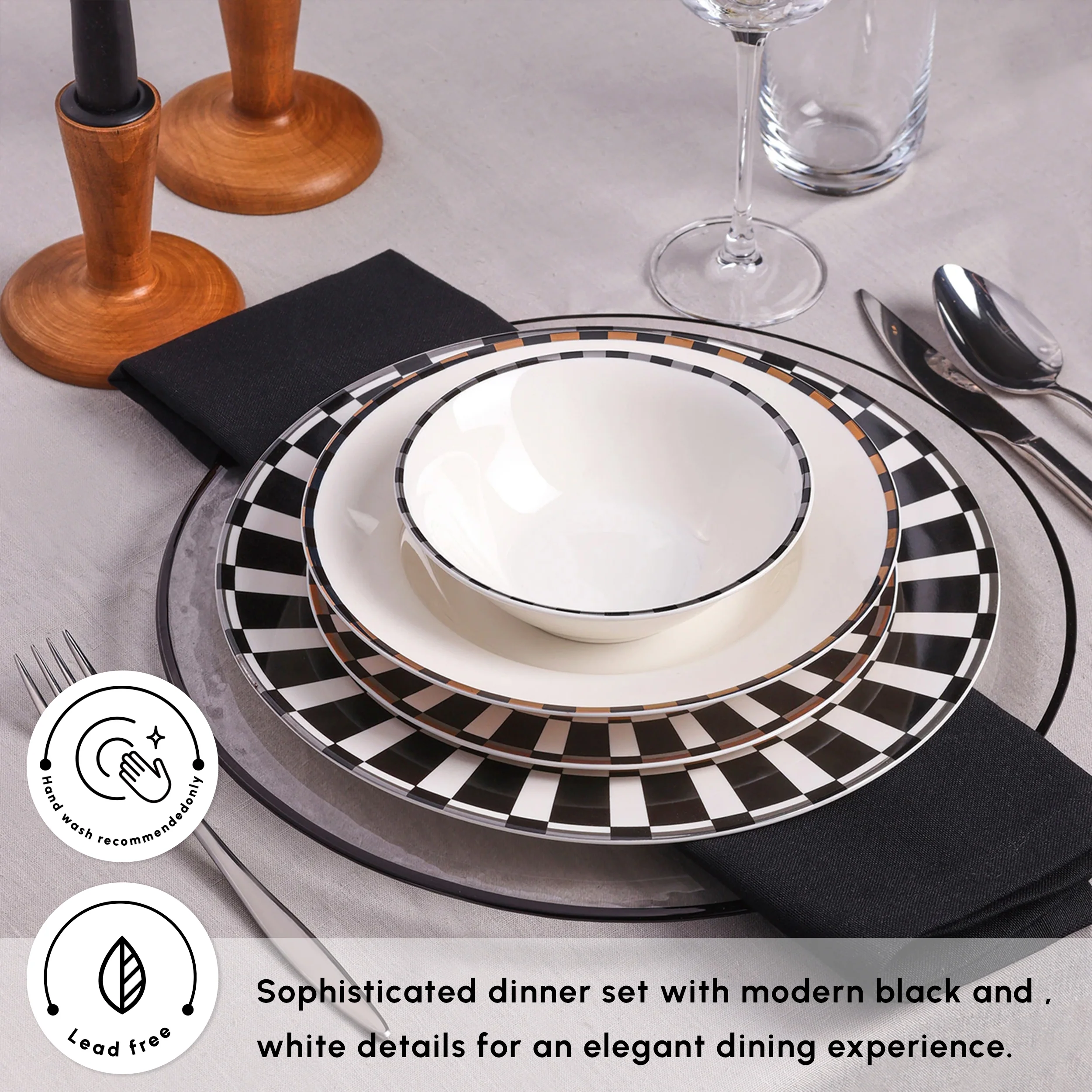 Karaca Aries 24-Piece Bone China Dinner Set for 6 People, Black White - Image 4