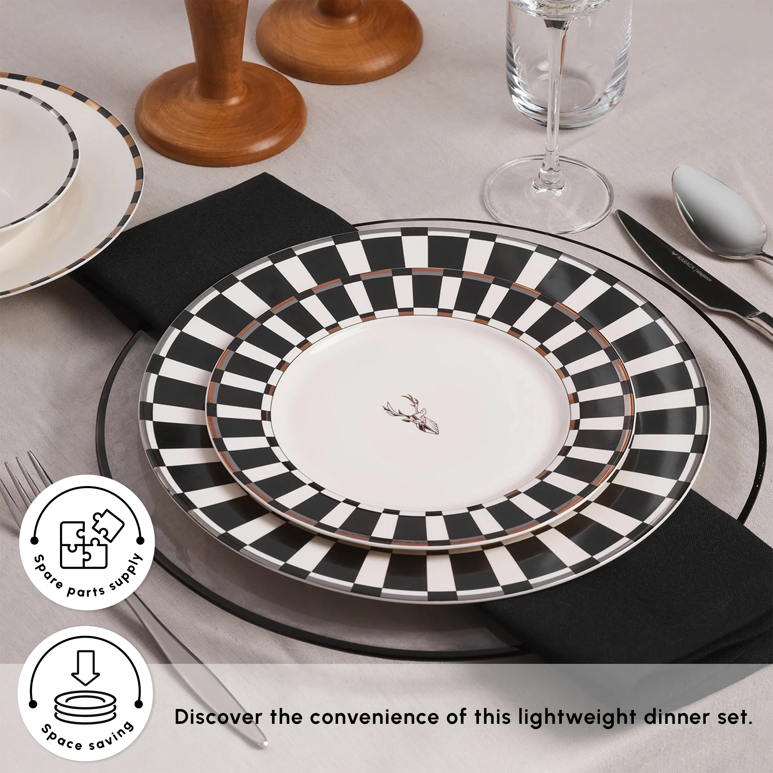 Karaca Aries 24-Piece Bone China Dinner Set for 6 People, Black White - Image 5