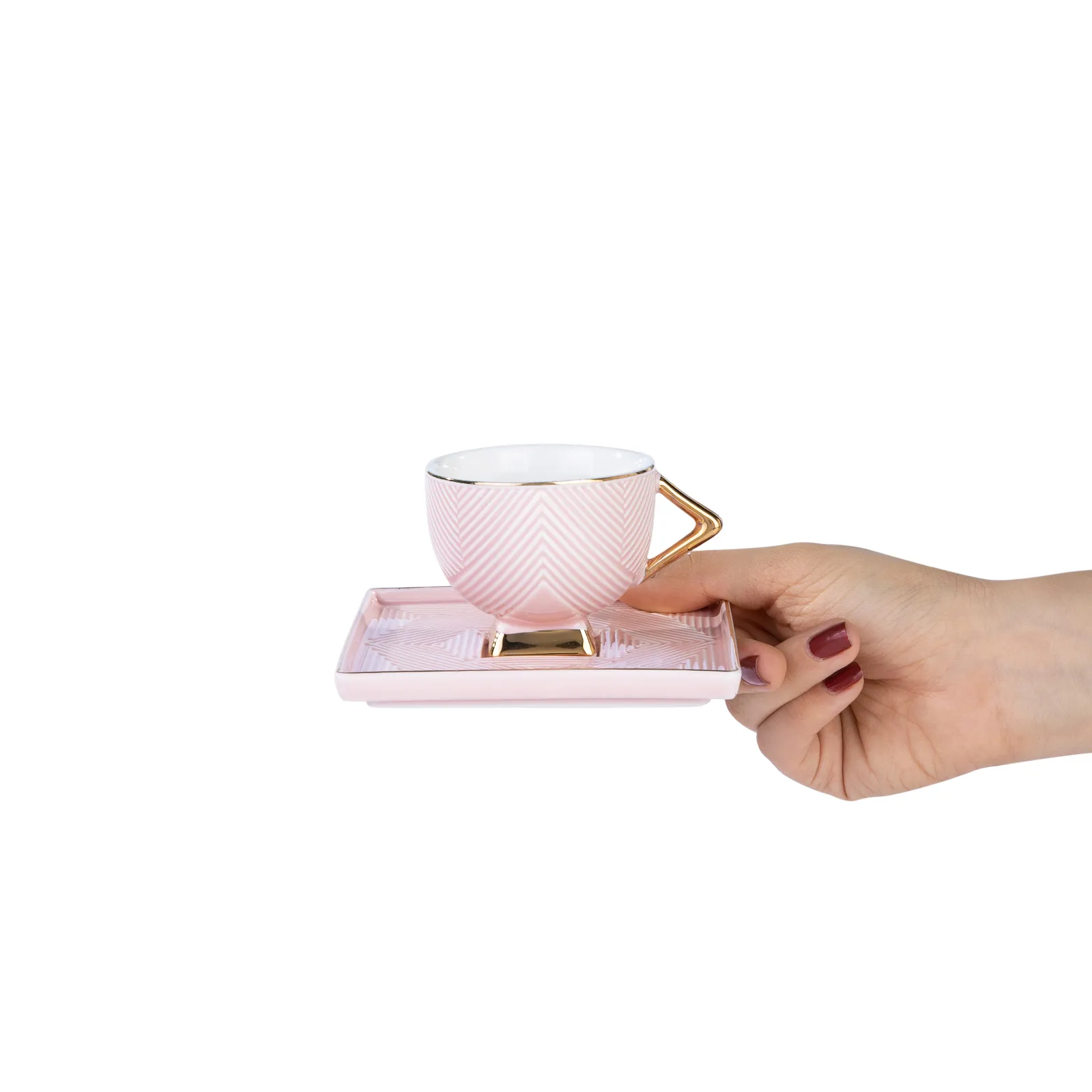 Karaca Art Deco 4 Piece Porcelain Espresso Turkish Coffee Cup Set for 2 People, 80ml, Pink Gold - Image 5