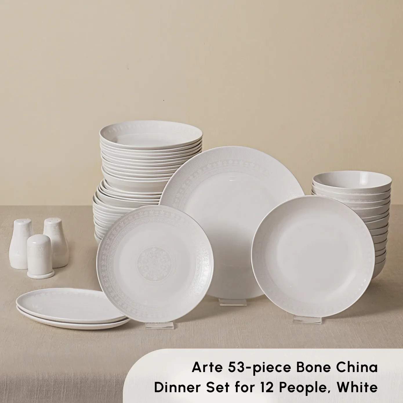 Karaca Arte 53-Piece Bone China Dinner Set for 12 People, White - Image 3