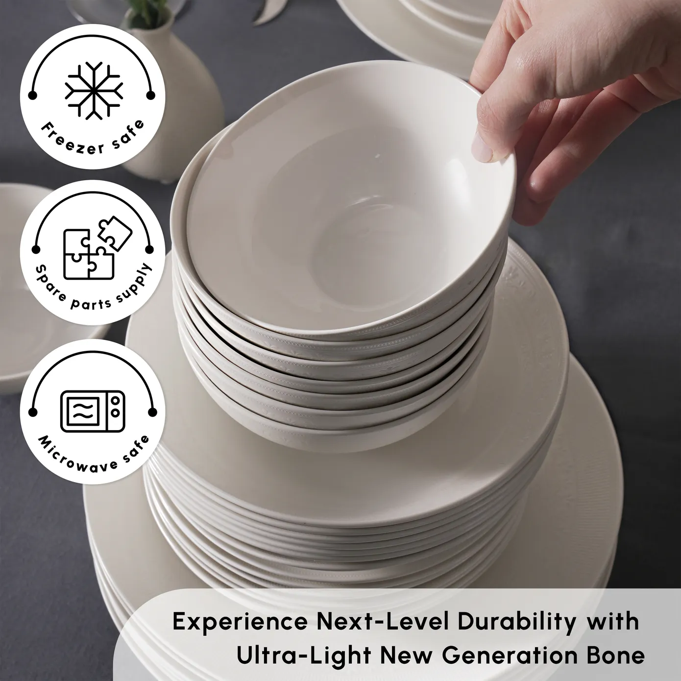 Karaca Arte 53-Piece Bone China Dinner Set for 12 People, White - Image 6