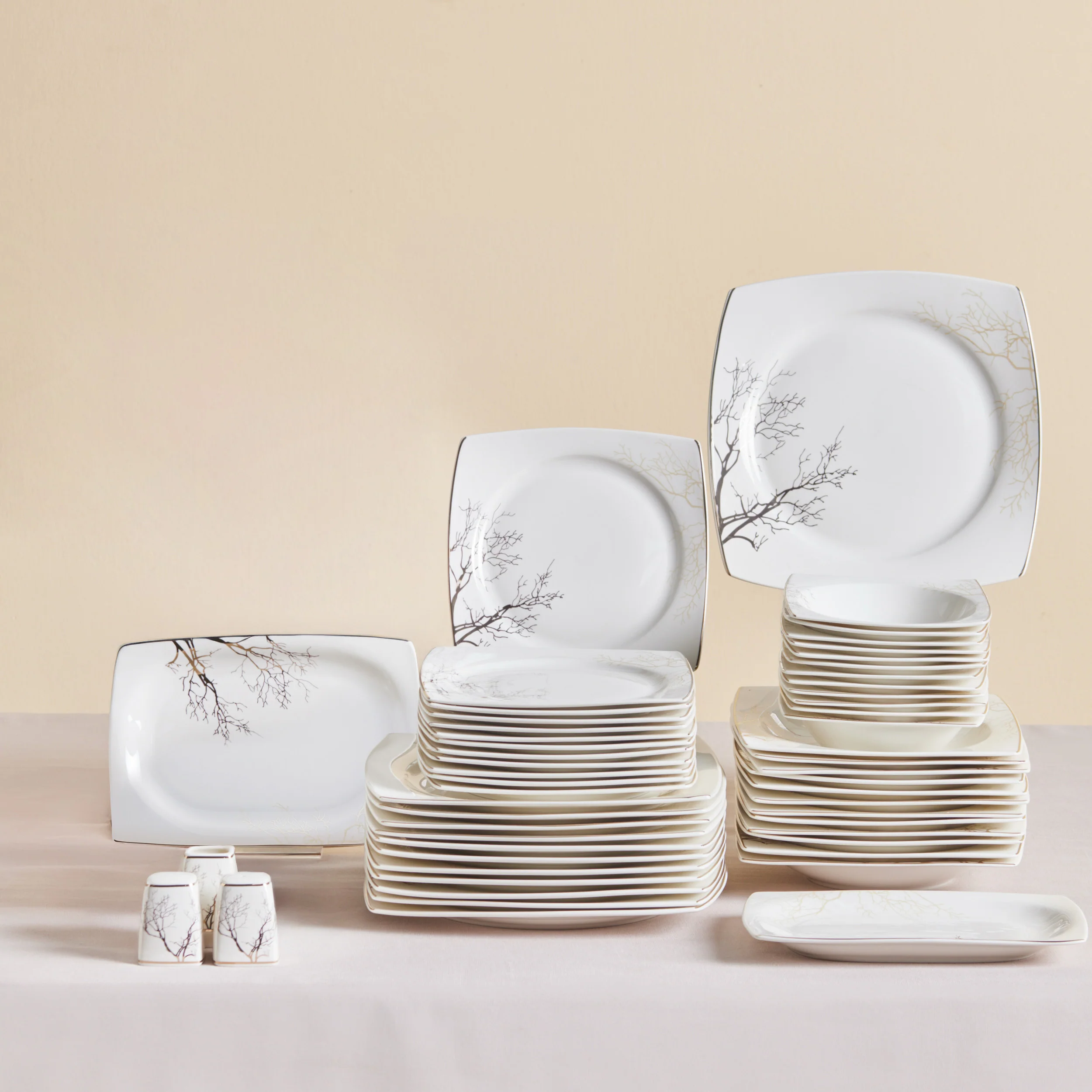 Karaca Square Bone China Autumn 53-Piece Dinner Set for 12 People, White