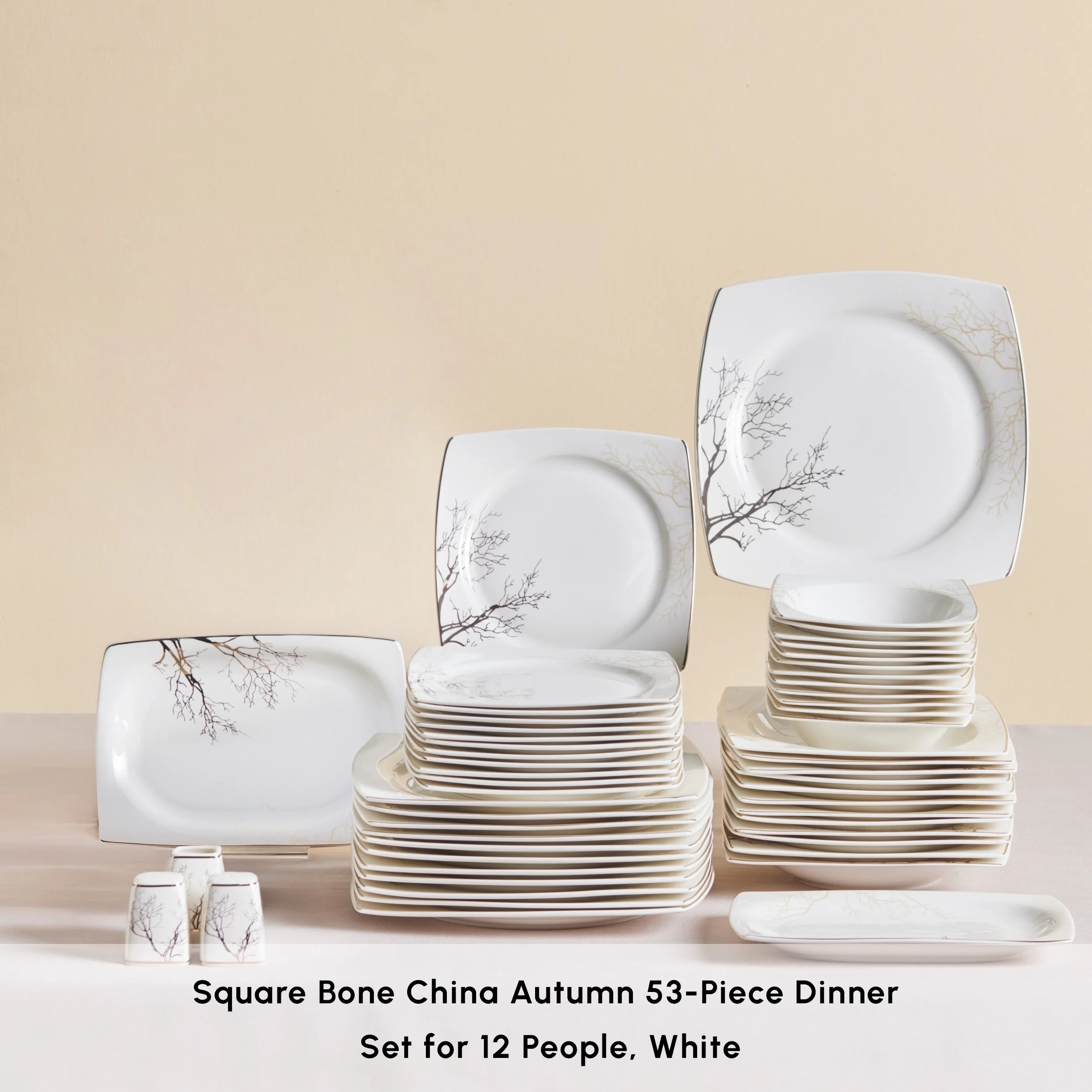 Karaca Square Bone China Autumn 53-Piece Dinner Set for 12 People, White - Image 3