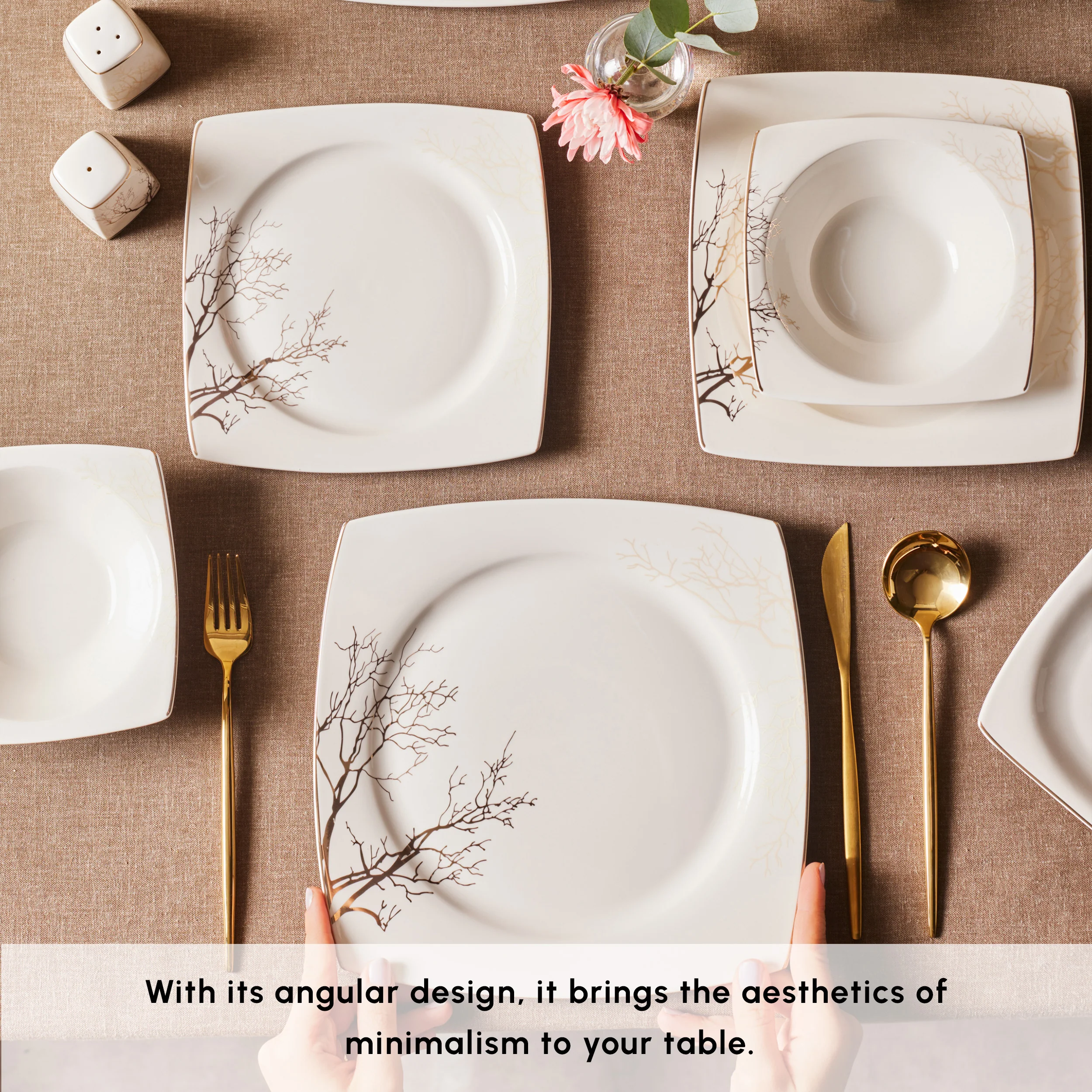 Karaca Square Bone China Autumn 53-Piece Dinner Set for 12 People, White - Image 5
