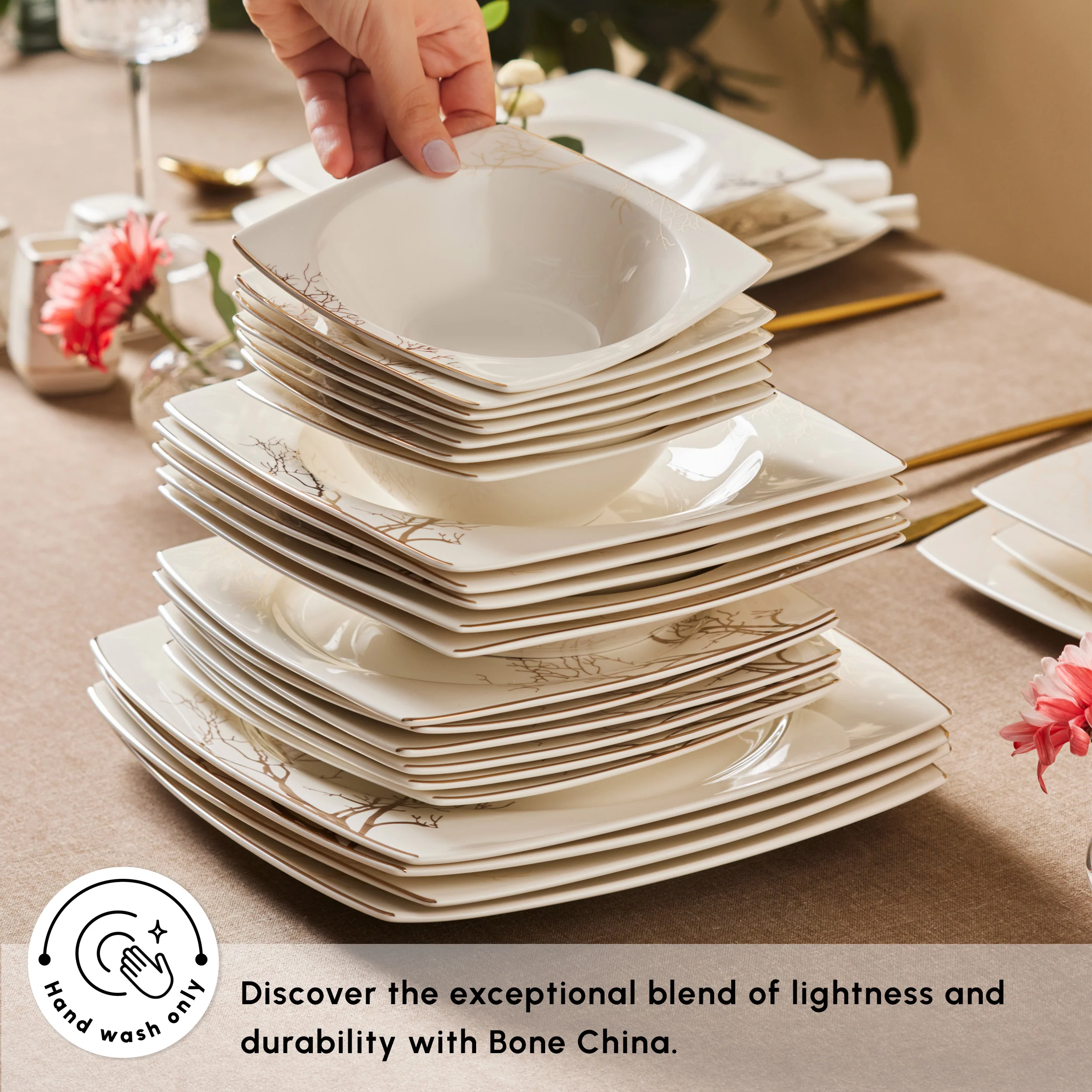Karaca Square Bone China Autumn 53-Piece Dinner Set for 12 People, White - Image 6