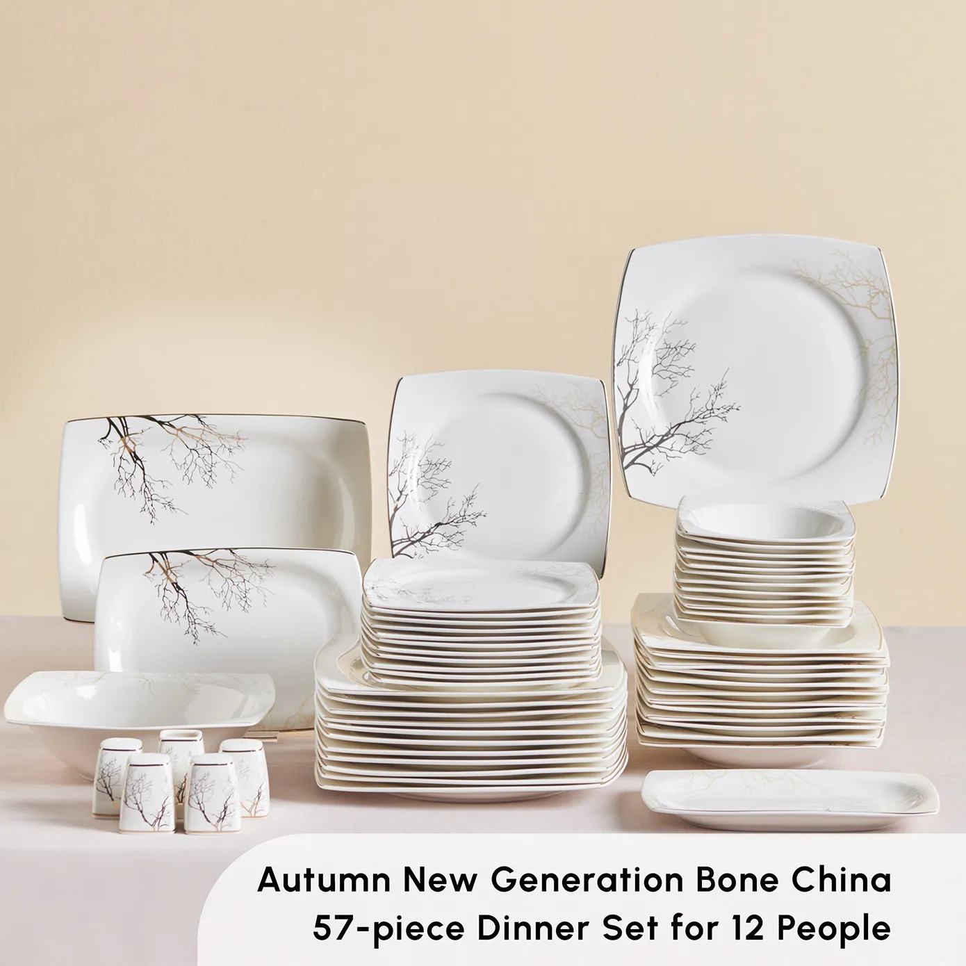 Karaca Square Bone China Autumn 57-Piece Dinner Set for 12 People, White Multi - Image 3