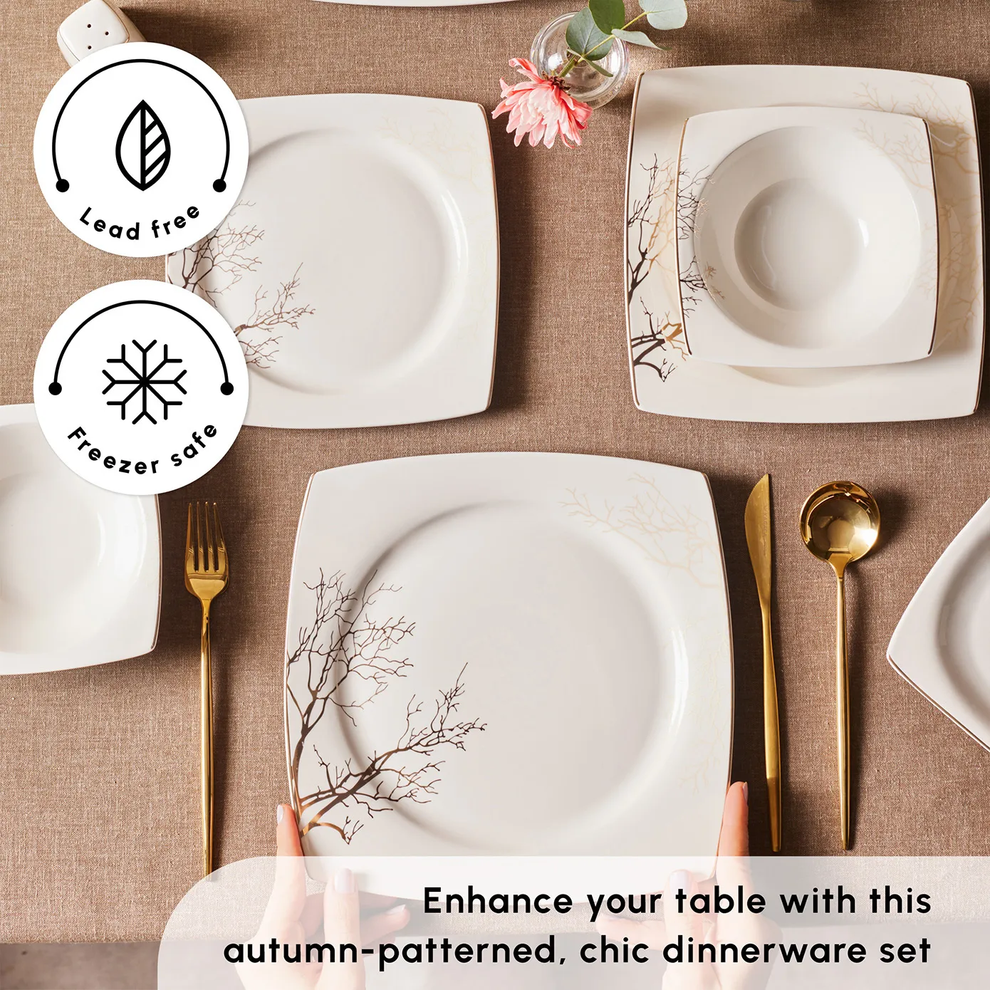 Karaca Square Bone China Autumn 57-Piece Dinner Set for 12 People, White Multi - Image 4