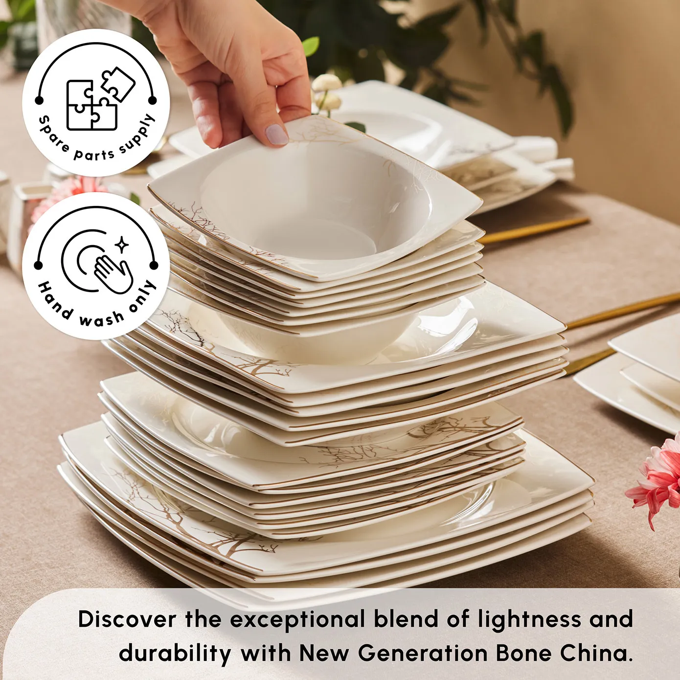 Karaca Square Bone China Autumn 57-Piece Dinner Set for 12 People, White Multi - Image 6