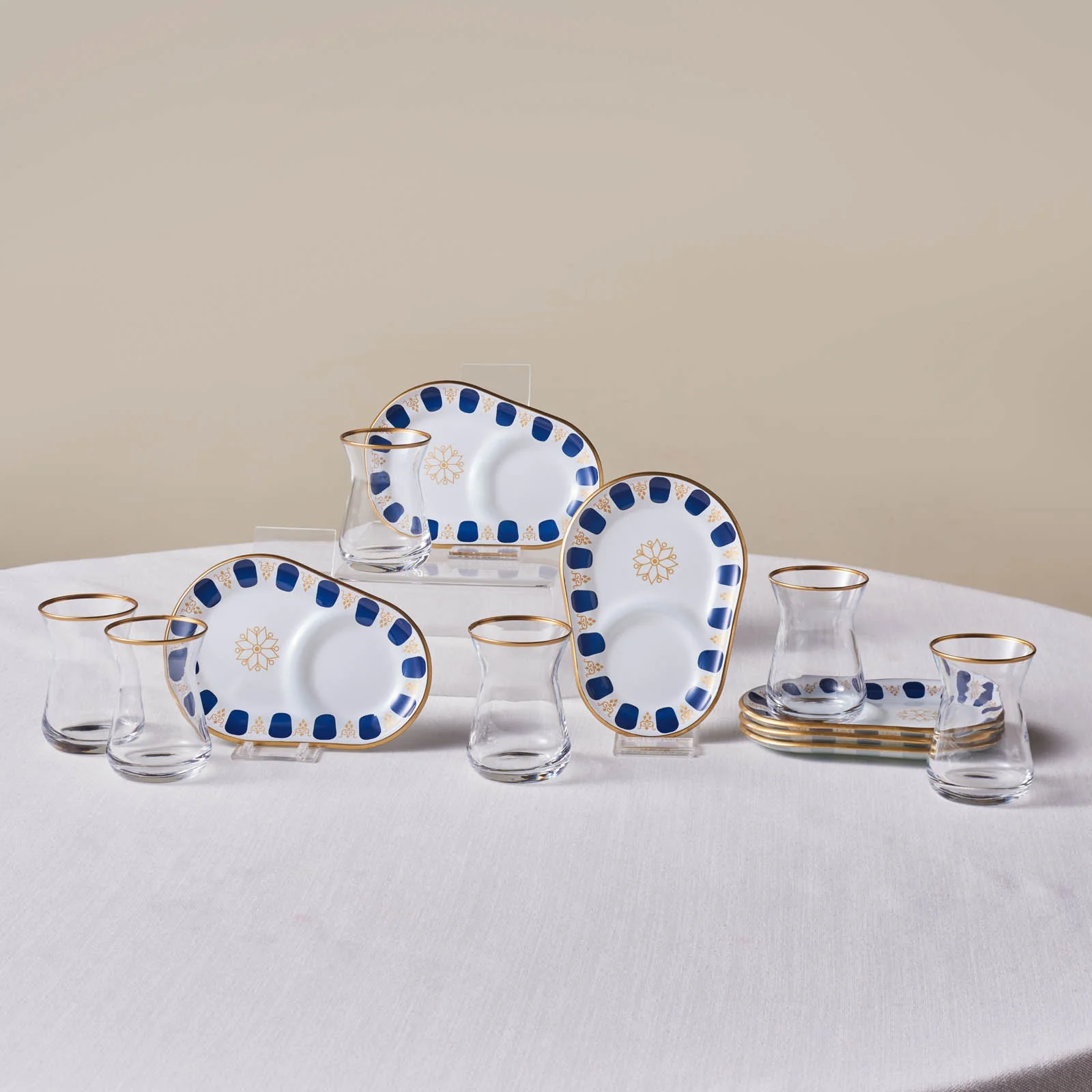Karaca Belem 12-Piece Glass Turkish Tea Set for 6 People, 132ml, Navy