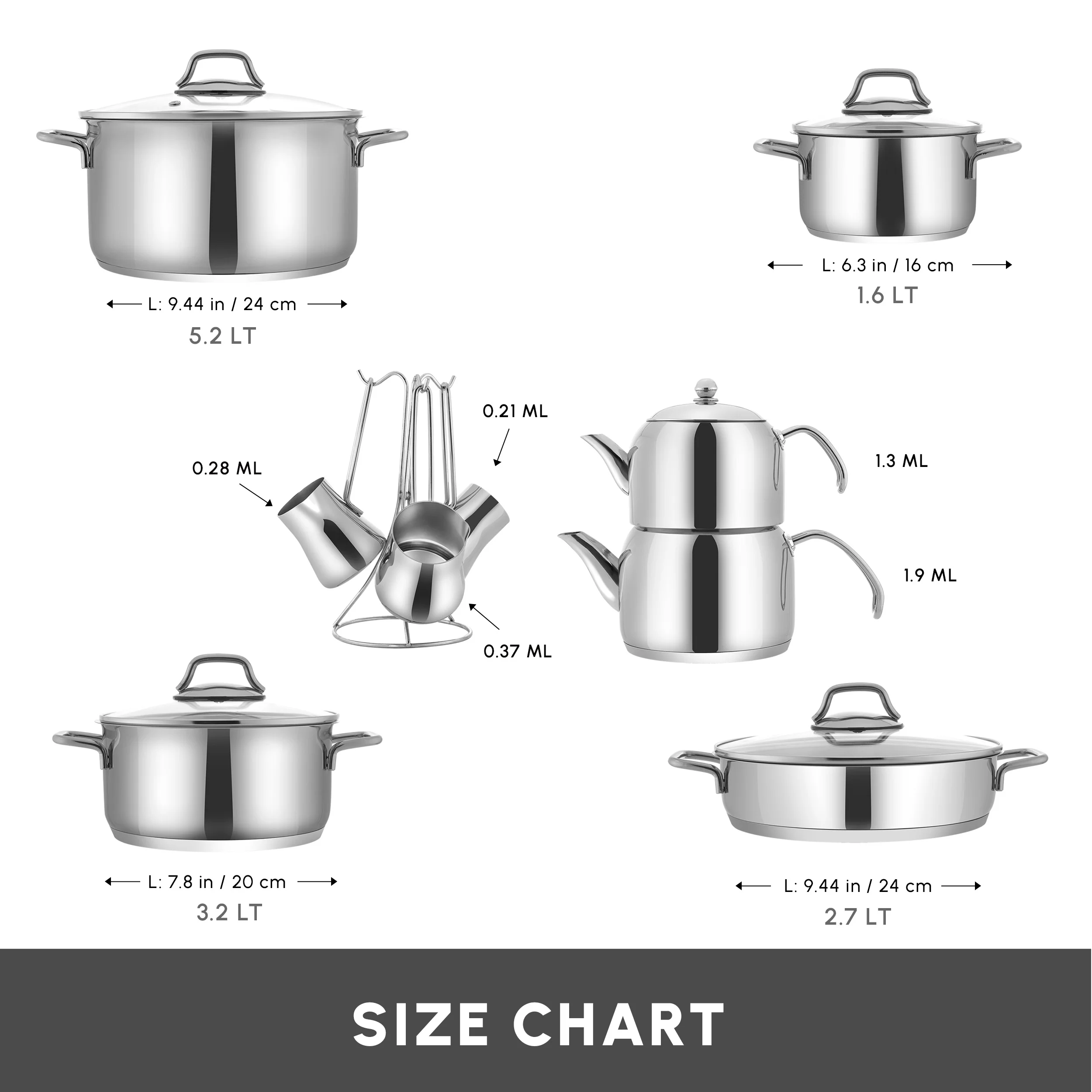 Karaca Belgrad 15-Piece Complete Stainless Steel Kitchen Cookware Set, Silver - Image 2