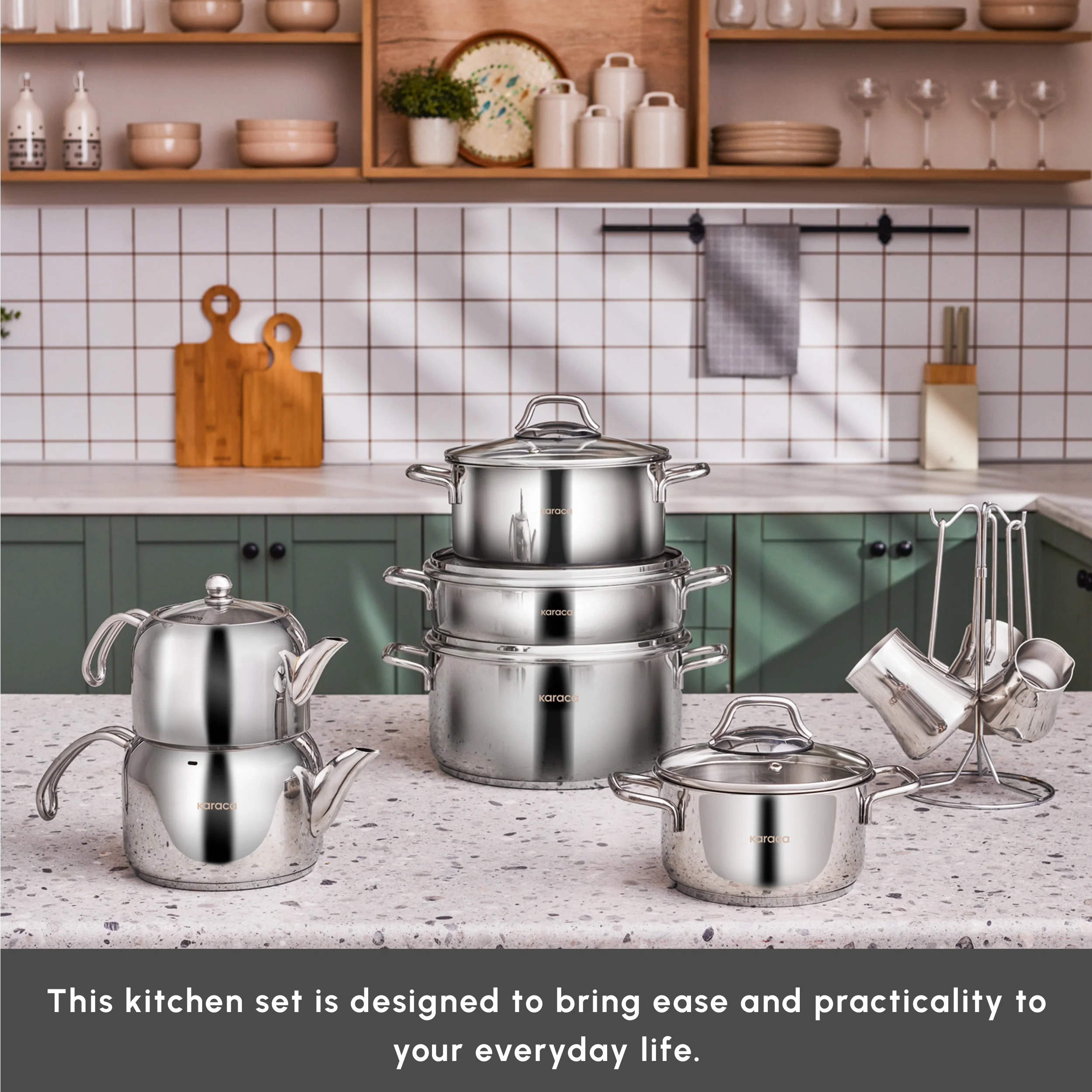 Karaca Belgrad 15-Piece Complete Stainless Steel Kitchen Cookware Set, Silver - Image 3