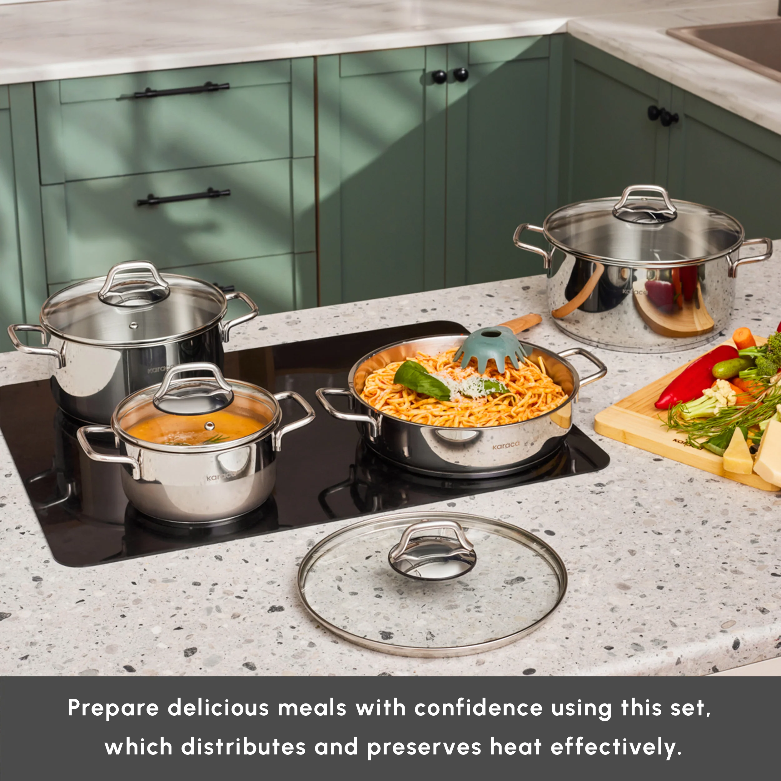 Karaca Belgrad 15-Piece Complete Stainless Steel Kitchen Cookware Set, Silver - Image 5