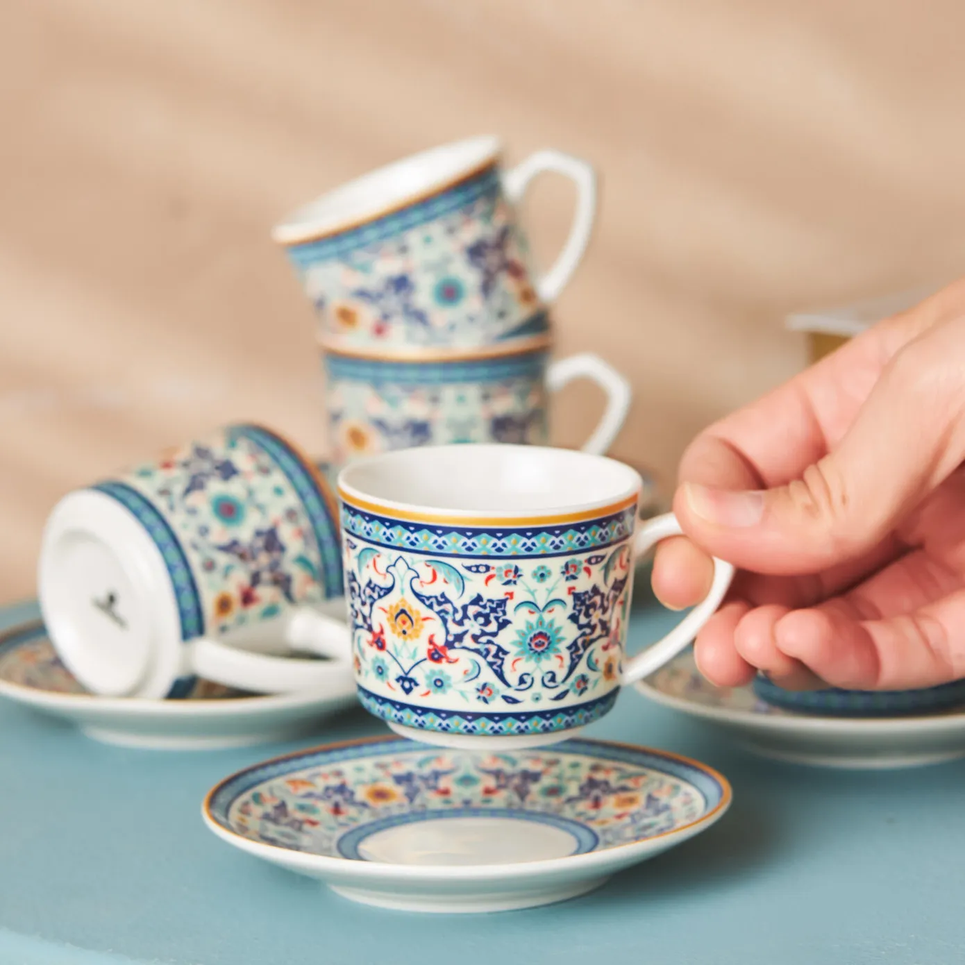 Karaca Beylerbeyi 12-Piece Porcelain Turkish Coffee Cup Set for 6 People, 80ml, White Blue Multi - Image 4