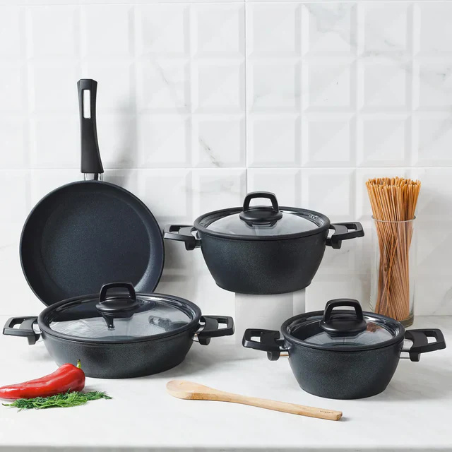 Karaca BioDiamond Powerful 7-Piece Induction Antibacterial Handle Cookware Set, Black