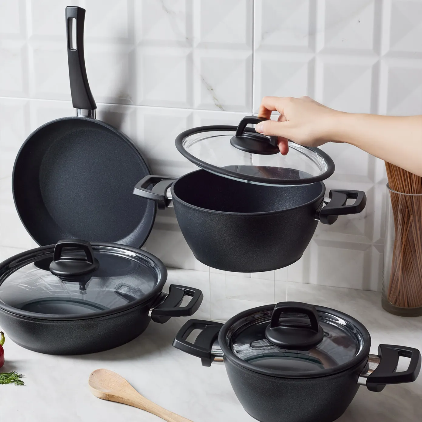 Karaca BioDiamond Powerful 7-Piece Induction Antibacterial Handle Cookware Set, Black - Image 3