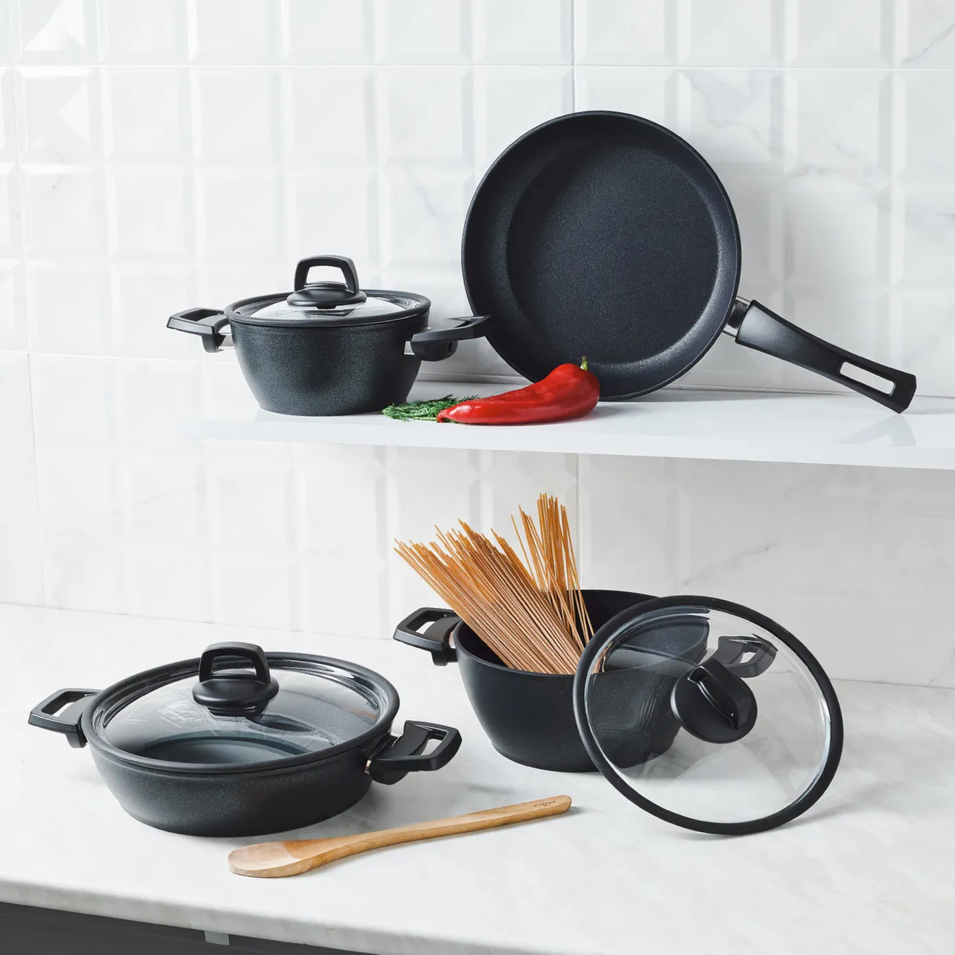 Karaca BioDiamond Powerful 7-Piece Induction Antibacterial Handle Cookware Set, Black - Image 5