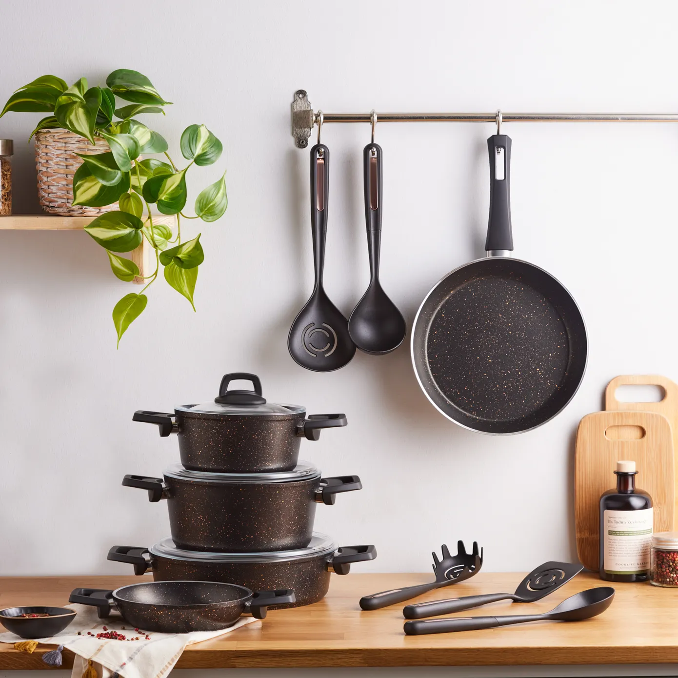 Karaca Blackgold Biogranite 13-Piece Induction Cookware Set with Kitchen Utensil Set, Black Gold - Image 3