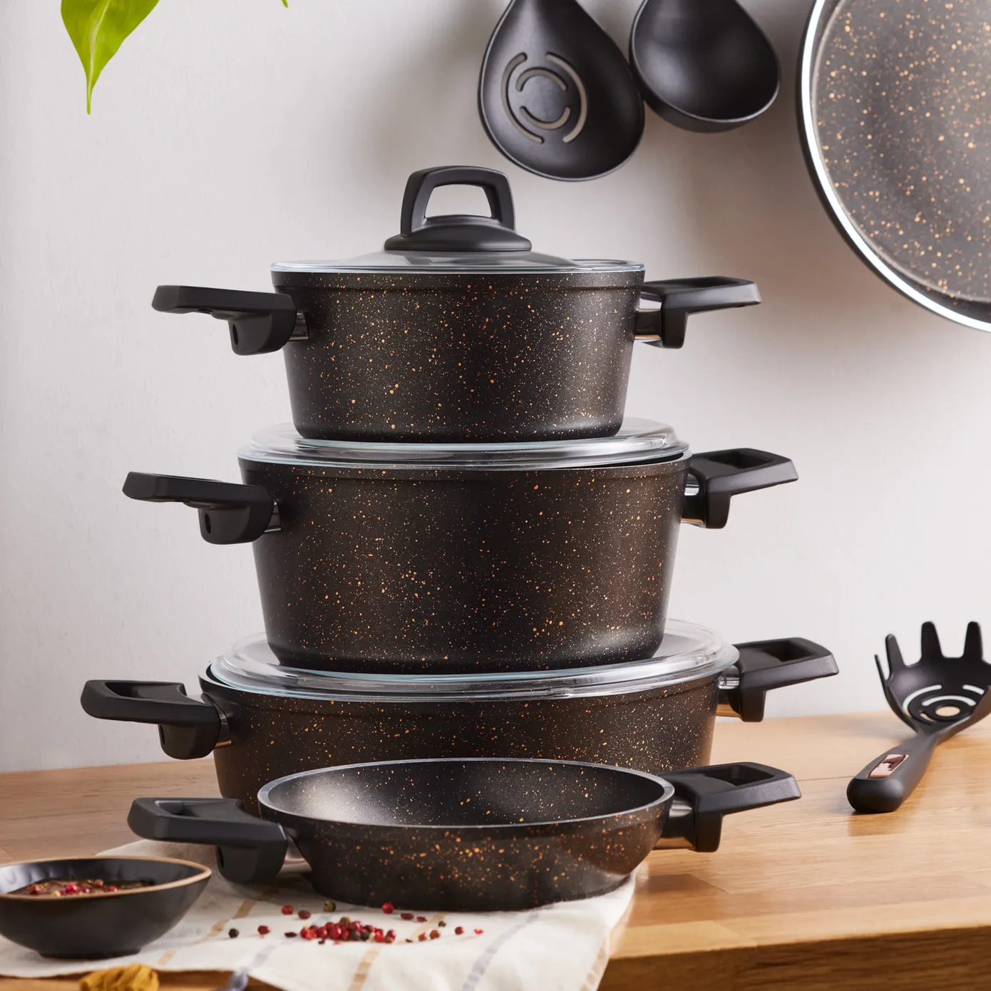 Karaca Blackgold Biogranite 13-Piece Induction Cookware Set with Kitchen Utensil Set, Black Gold - Image 4