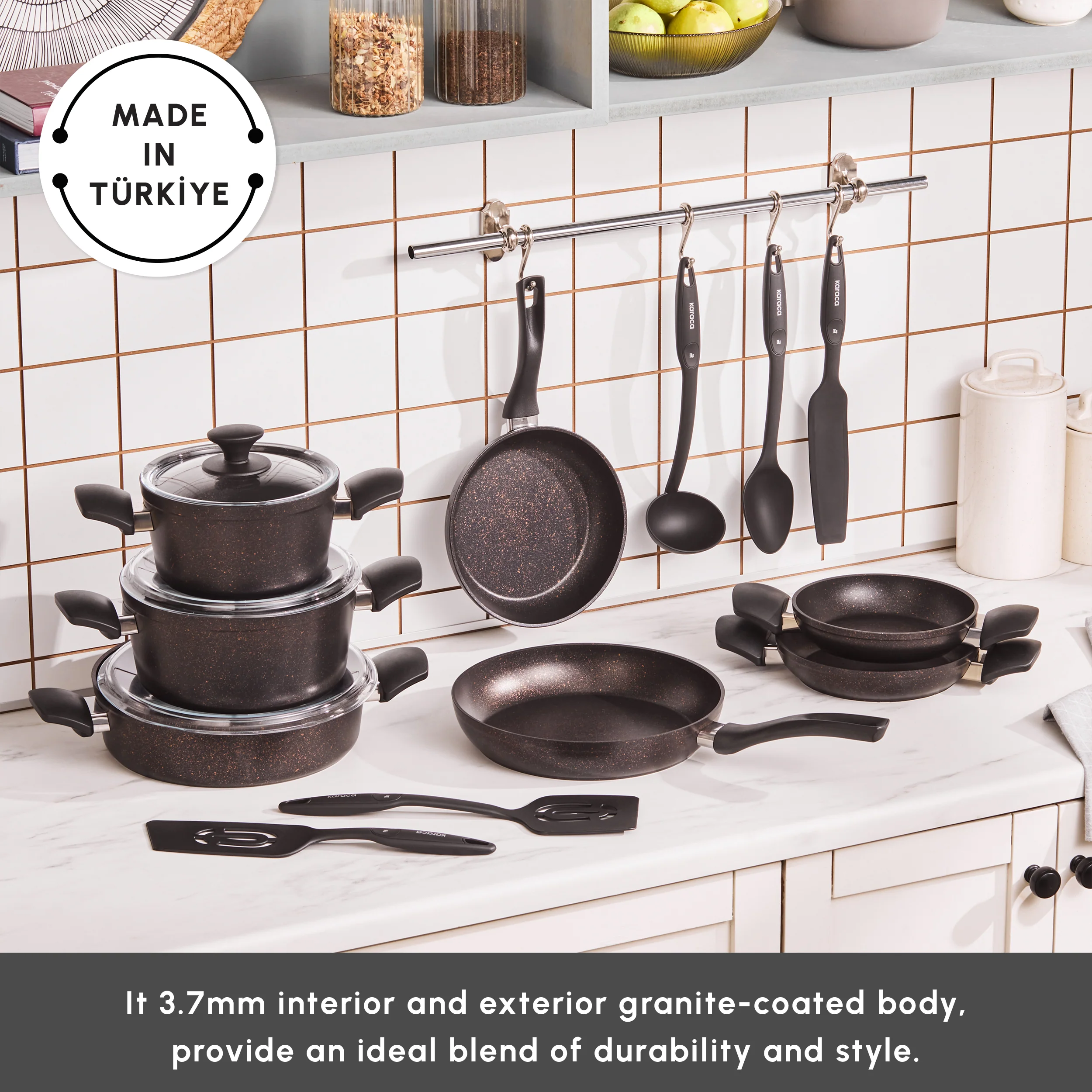 Karaca Blackgold Biogranite 15-Piece Non-Stick Induction Cookware Set, Black Gold - Image 3